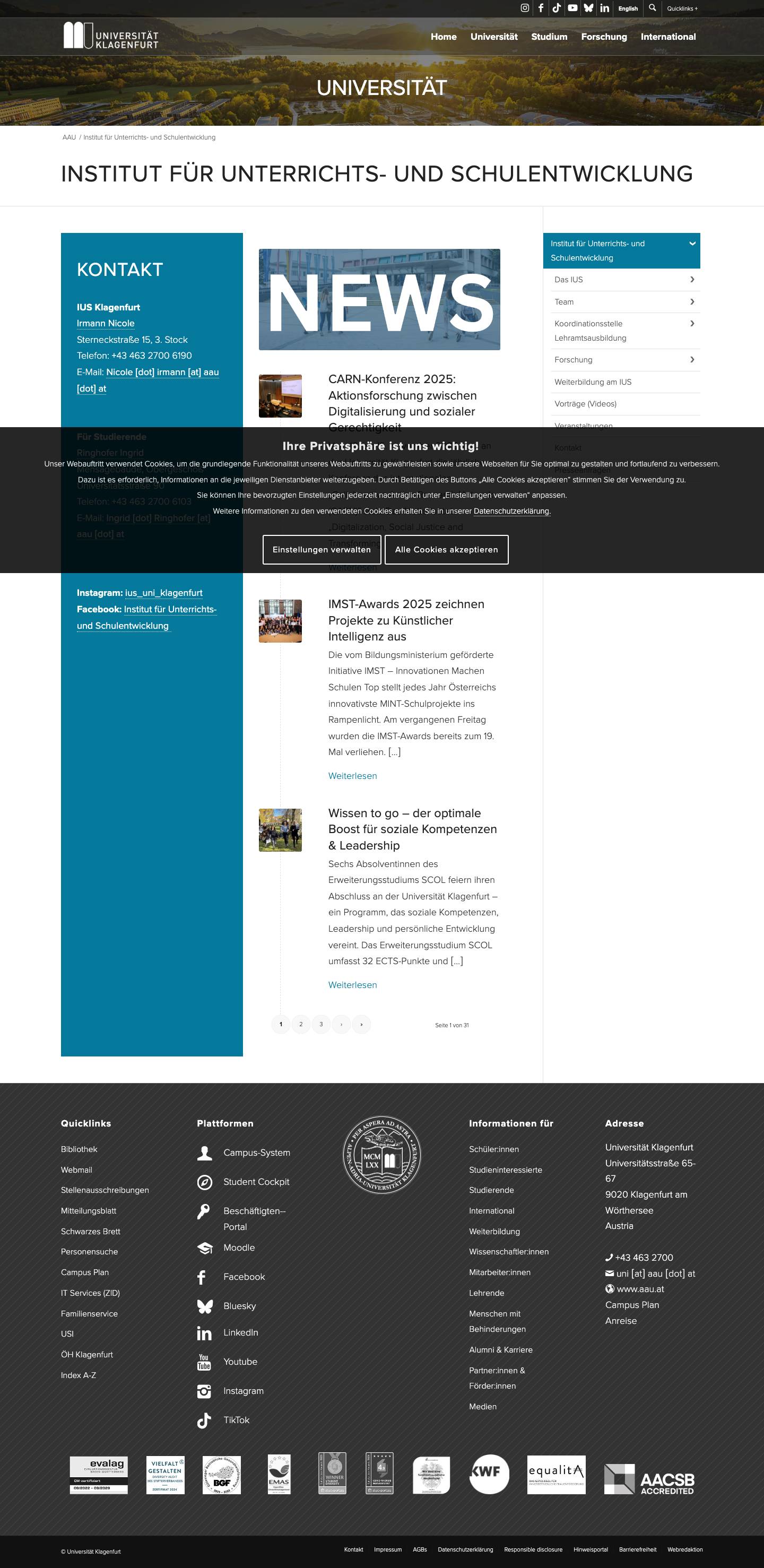 Institut für Unterrichts- und Schulentwicklung – Universität KlagenfurtNachrichtenleiste öffnen - Full Screenshot