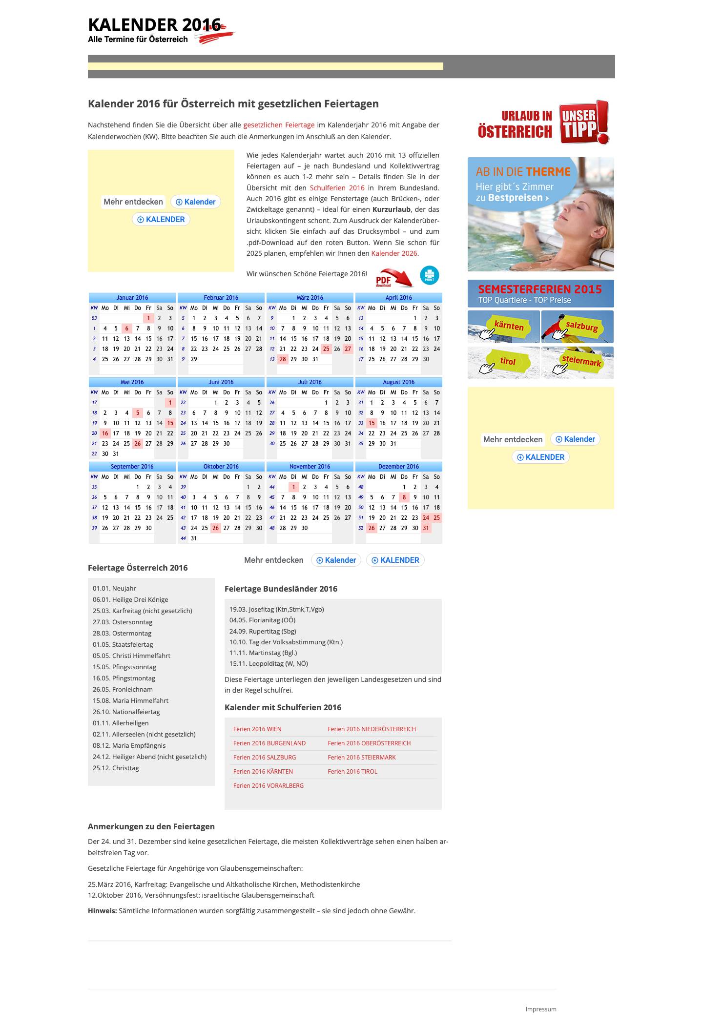 KALENDER 2016 Österreich - Full Screenshot