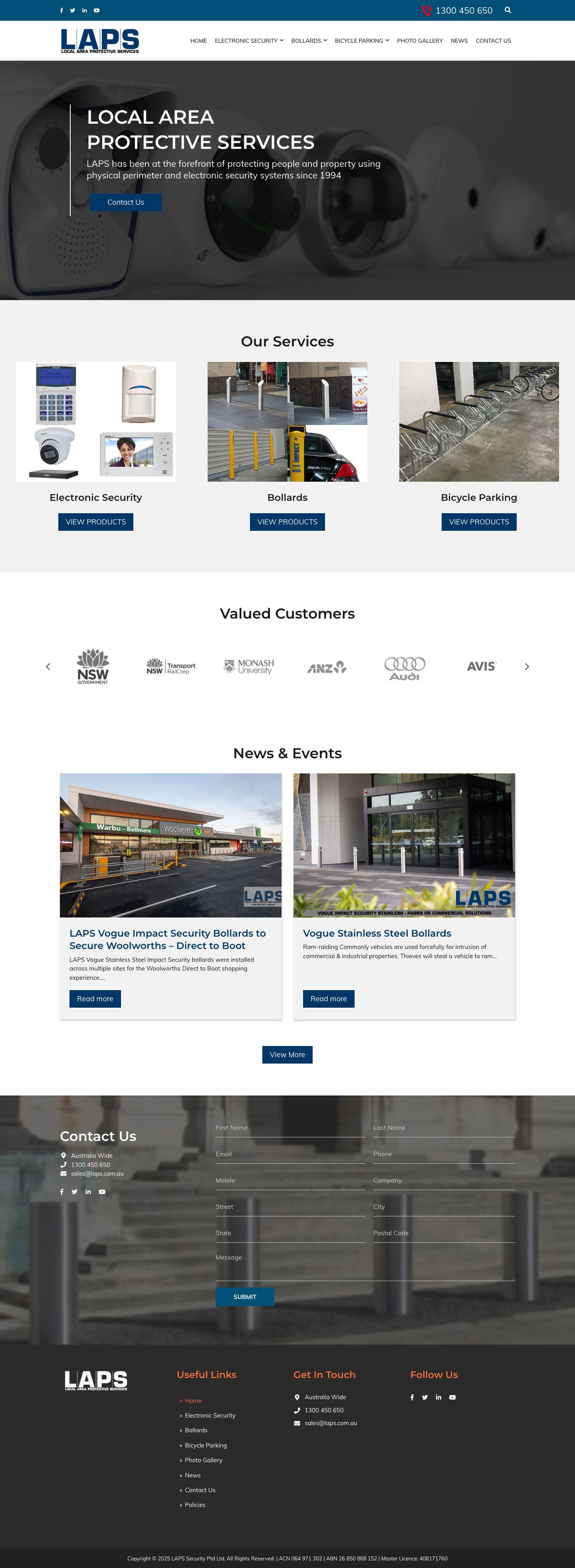 LAPS - Local Area Protective Services (Australia) Home / Business Alarm systems, Intercoms, CCTV Surveillance, Bollards, Bike Racks - Full Screenshot