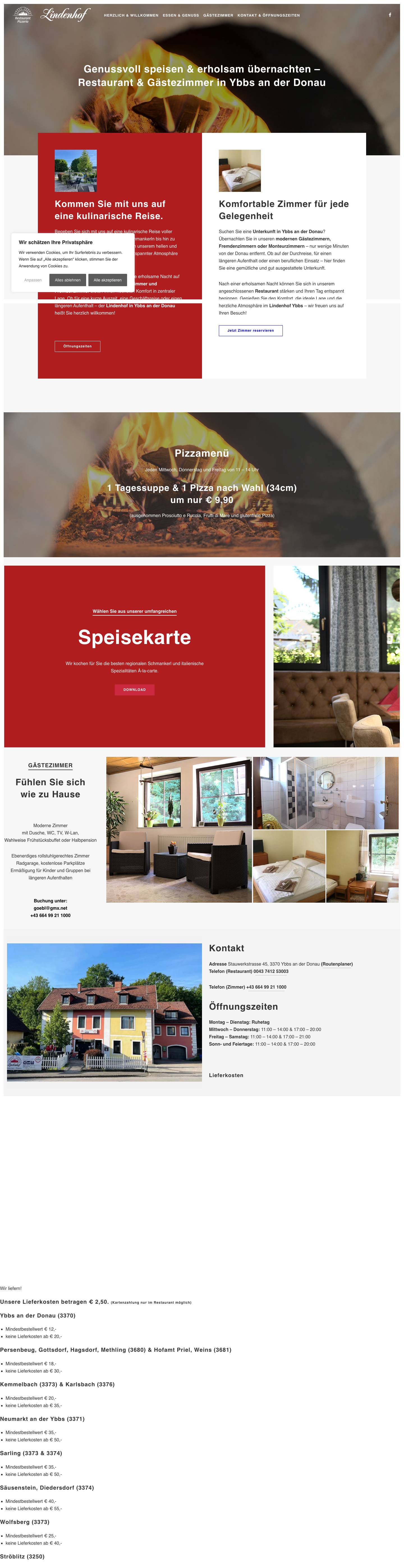 Lindenhof Ybbs – Gästezimmer & Restaurant - Pizzeria Lindenhof Ybbs an der Donau - Full Screenshot