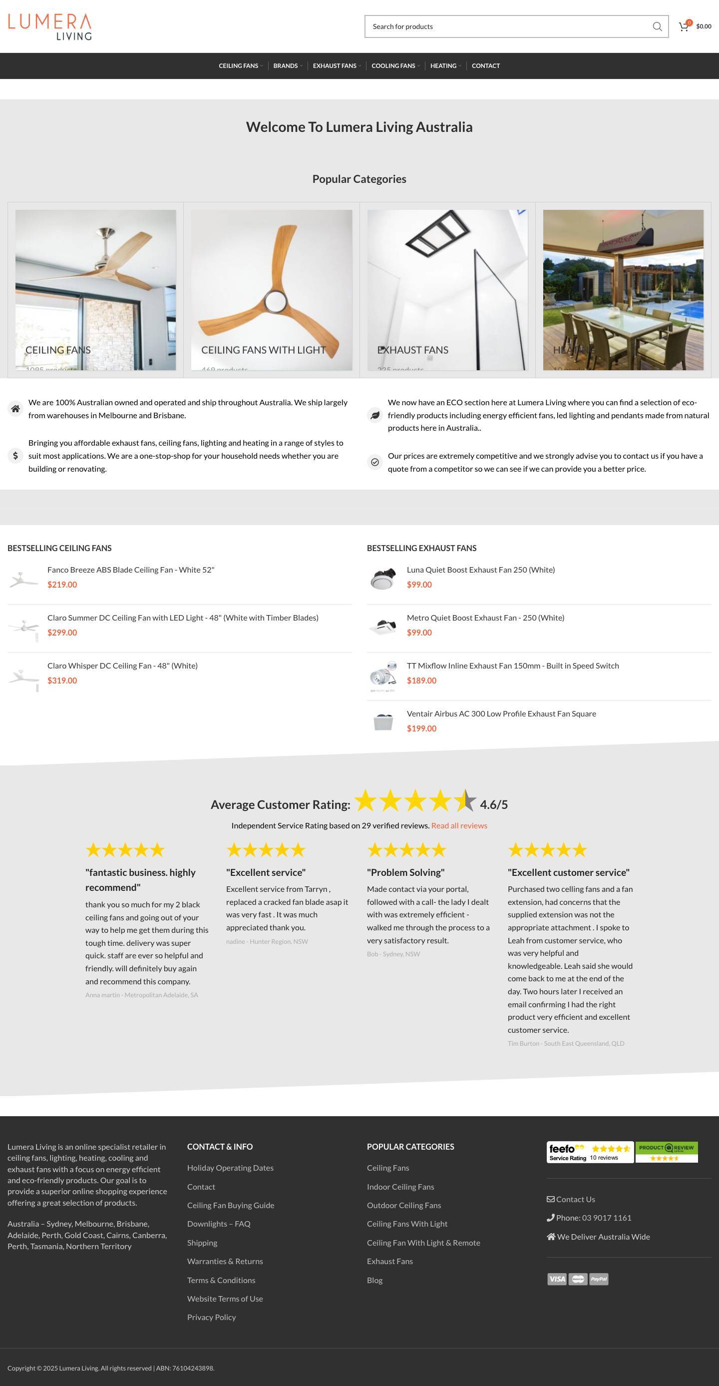 Lumera Living Australia : Buy Lightings,Ceiling & Exhaust Fans Online - Full Screenshot