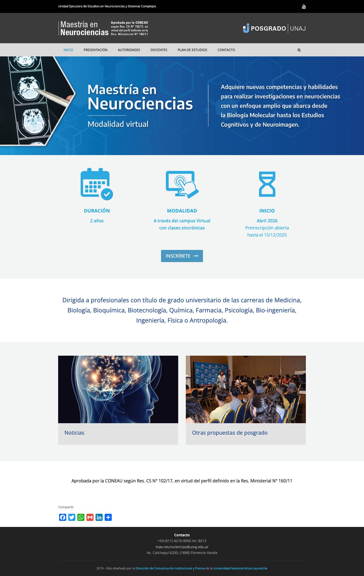 Maestría en Neurociencias | Posgrados UNAJ – Universidad Nacional Arturo Jauretche | Instituto de Ciencias de la Salud - Full Screenshot