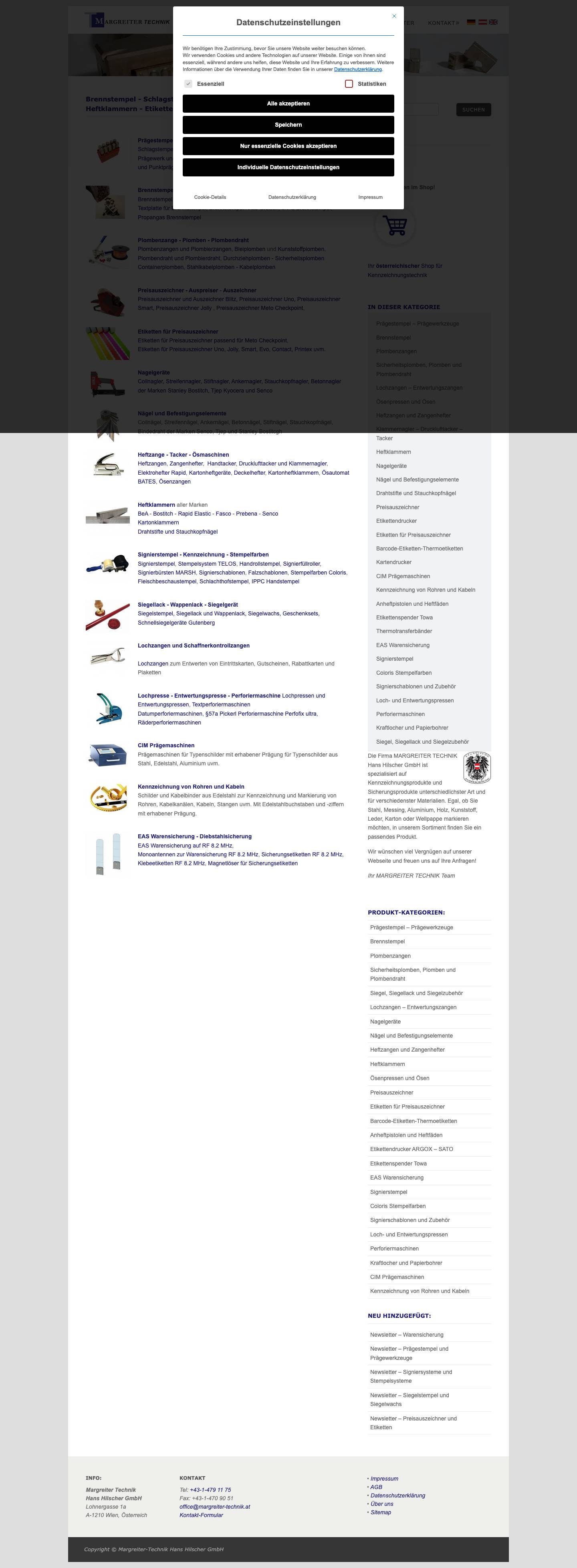 Brennstempel - Schlagstempel - Plombenzangen - Heftzangen - Heftklammern - Etiketten - Full Screenshot