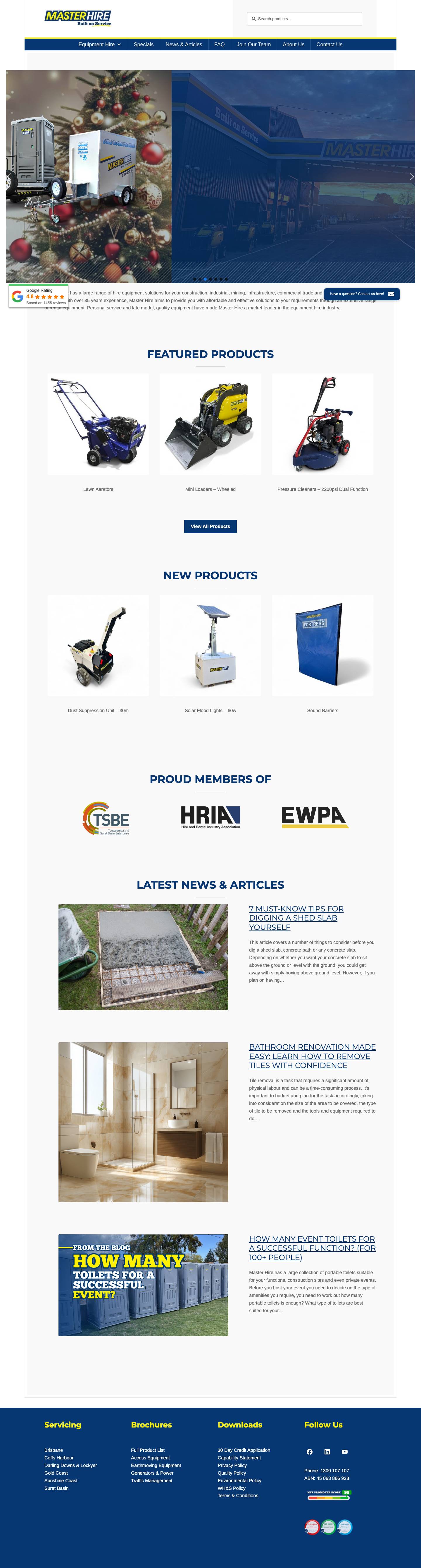 Hire & Rental Equipment in QLD & NSW | Master Hire - Full Screenshot