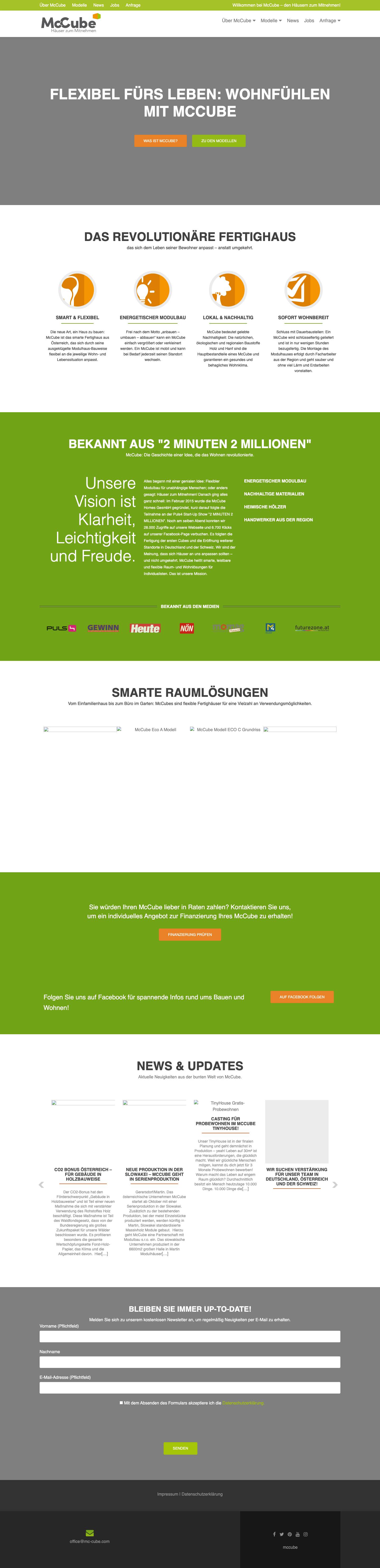 McCube - Häuser zum Mitnehmen - Das Original - Wohnen, Arbeiten und Leben in seiner flexibelsten Form: McCube ist das smarte Fertighaus Modulhaus aus Österreich, das sich durch seine ausgeklügelte Modulbauweise flexibel an die jeweilige Lebens- und Wohnsituation anpasst. - Full Screenshot