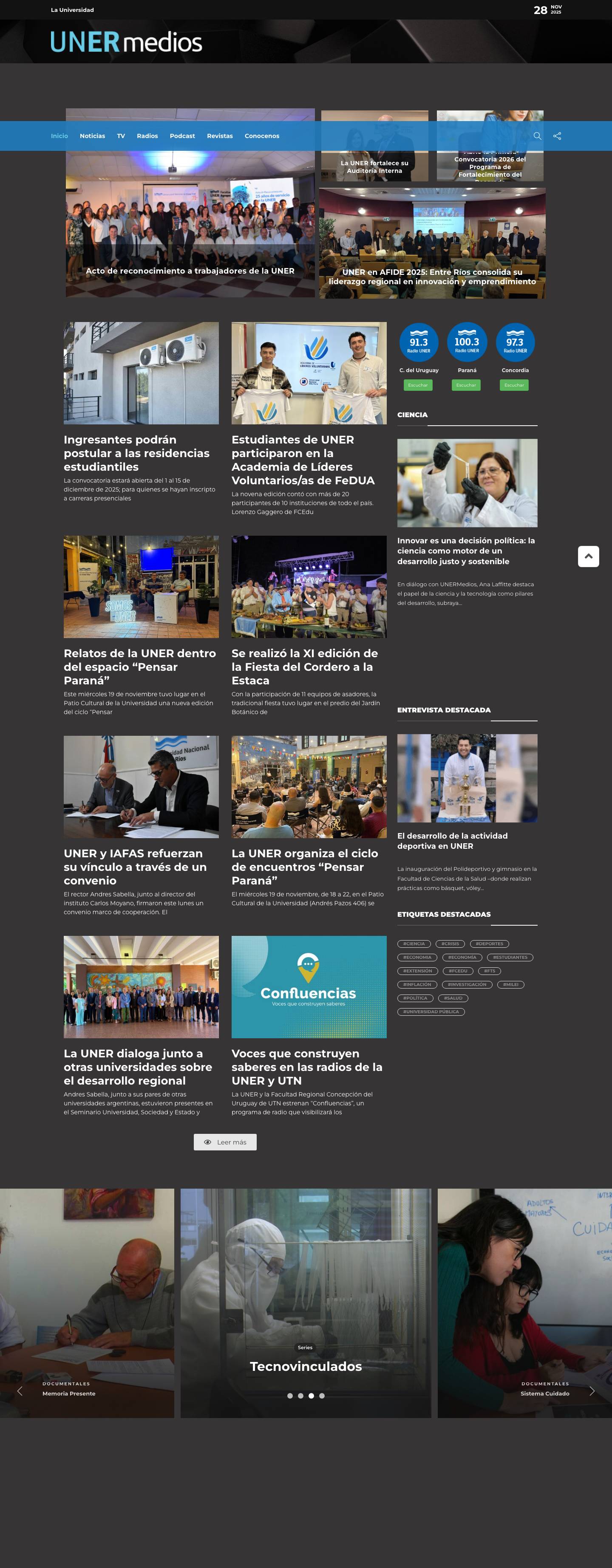 UNER medios > Sitio integrado de medios - Universidad Nacional de Entre Ríos - UNER Medios - Full Screenshot