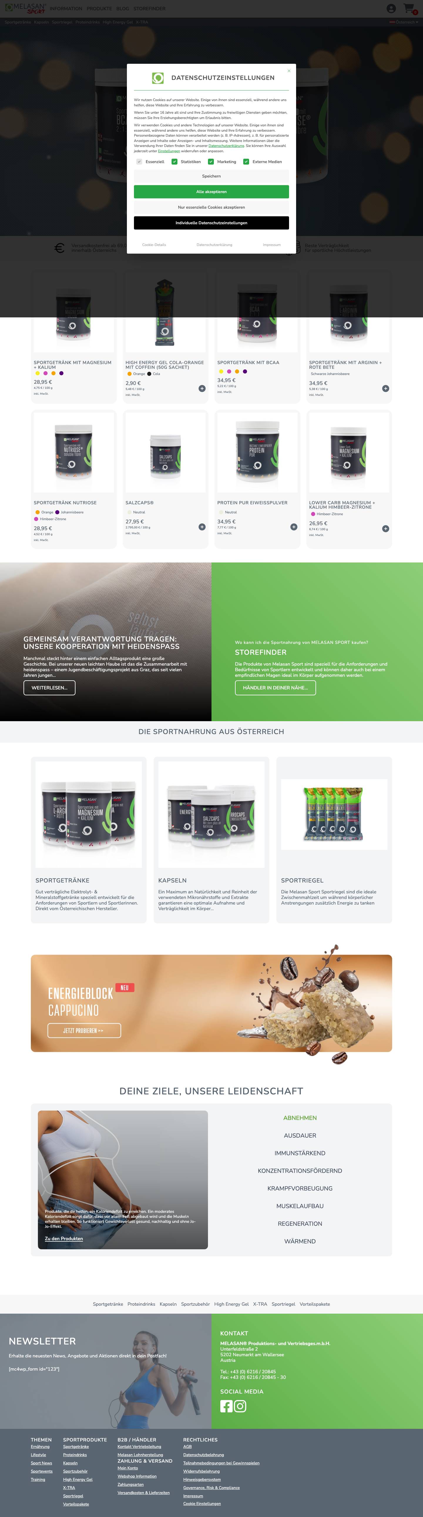 Melasan Sport | Sportnahrung für Fitness, Regeneration und AusdauerMelasan Sport | Sportnahrung für Fitness, Regeneration und Ausdauer – Sportgetränke, Proteinriegel, Sporternährung, BCAA, und Nutriose direkt im Webshop des österreichischen Herstellers Melasan Sport kaufen! - Full Screenshot