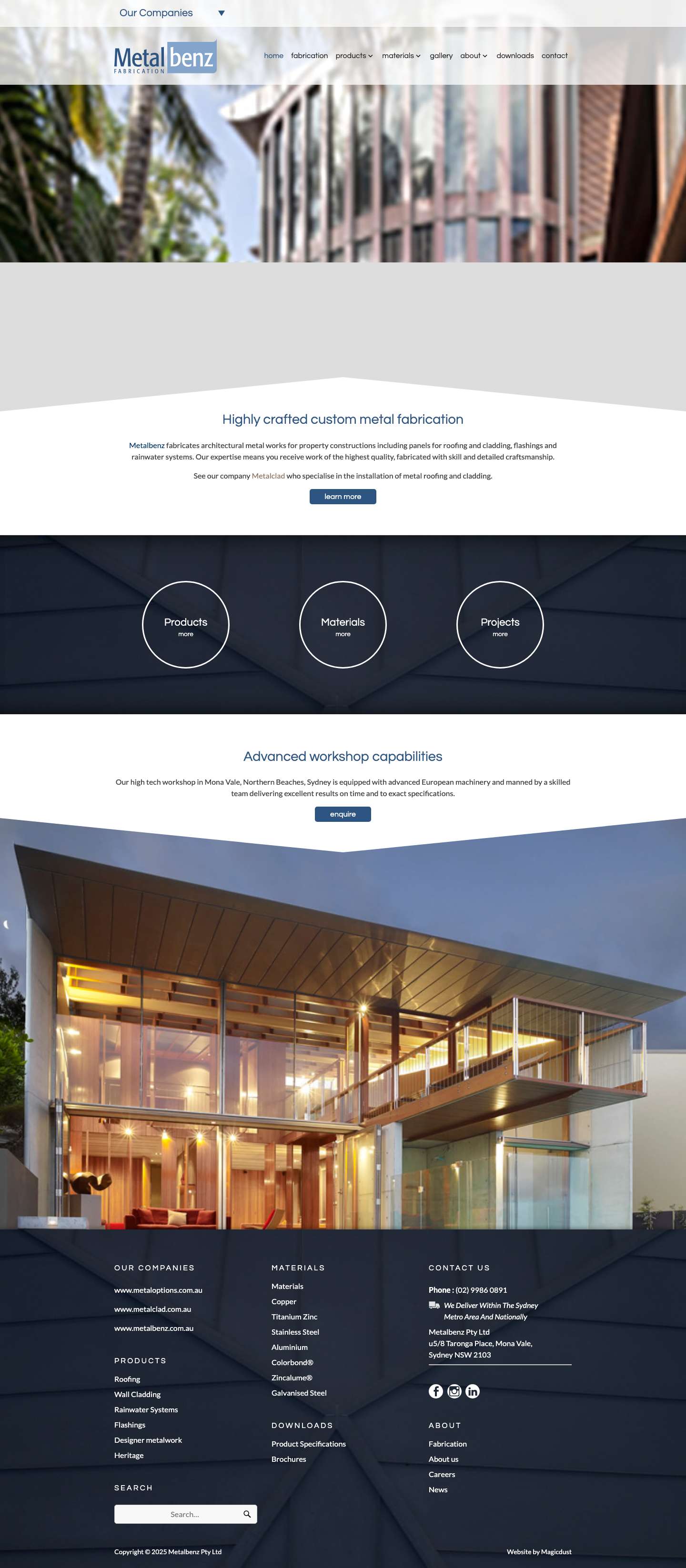 Metalbenz fabrication - roofing and cladding panels - copper-zinc-aluminium-Colorbond - Full Screenshot
