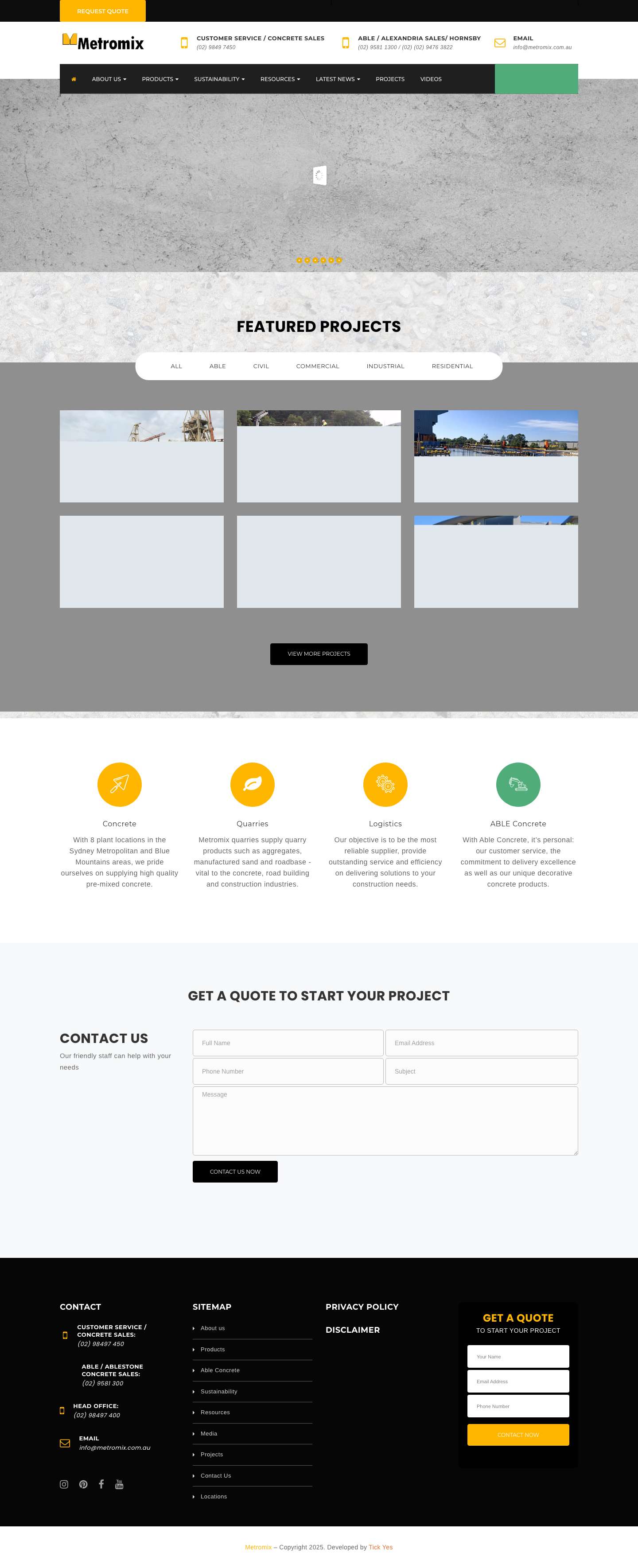 Concrete Product Supplier Sydney | Metromix - Full Screenshot