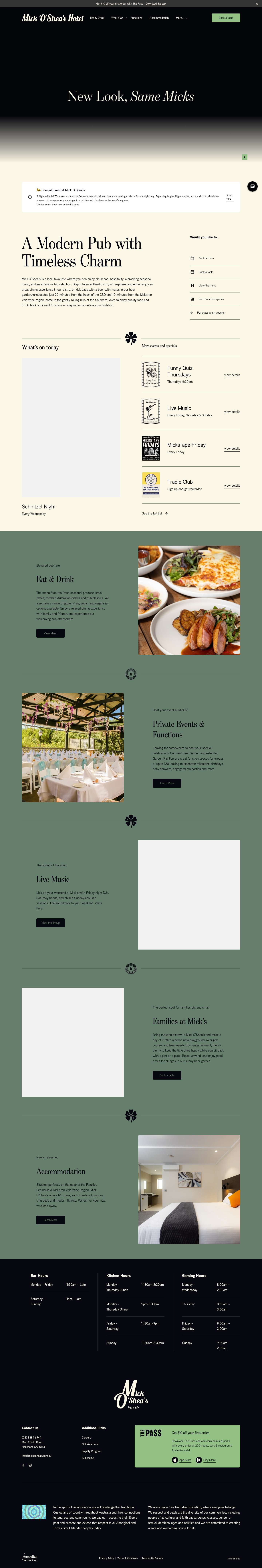 Mick O'Shea's Hotel | Adelaide Pub with a Contemporary Twist - Full Screenshot