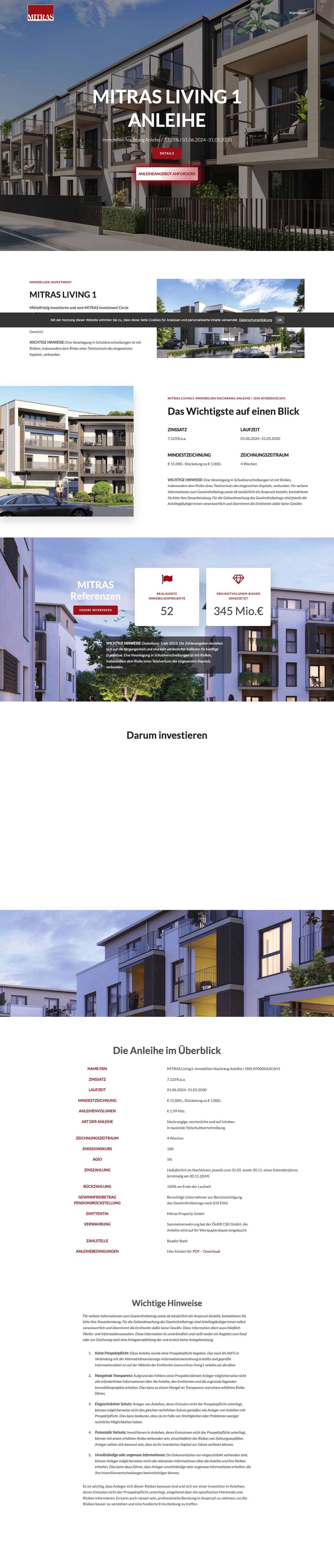 MITRAS Living 1 Anleihe – Immobilien Nachrang Anleihe / 7,125% / 2024–2030 - Full Screenshot