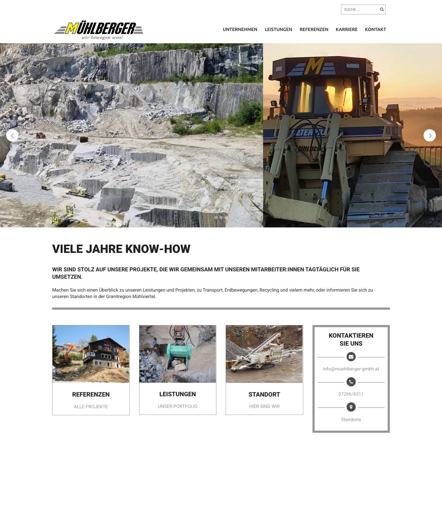 Joh. Mühlberger GmbH – Wir bewegen was. Ihr Partner für Erdbewegungen, Abbruch, Natur-Steinmauern, Transport, Containerservice, Schotter und Granitsteine aus dem Mühlviertel - Full Screenshot