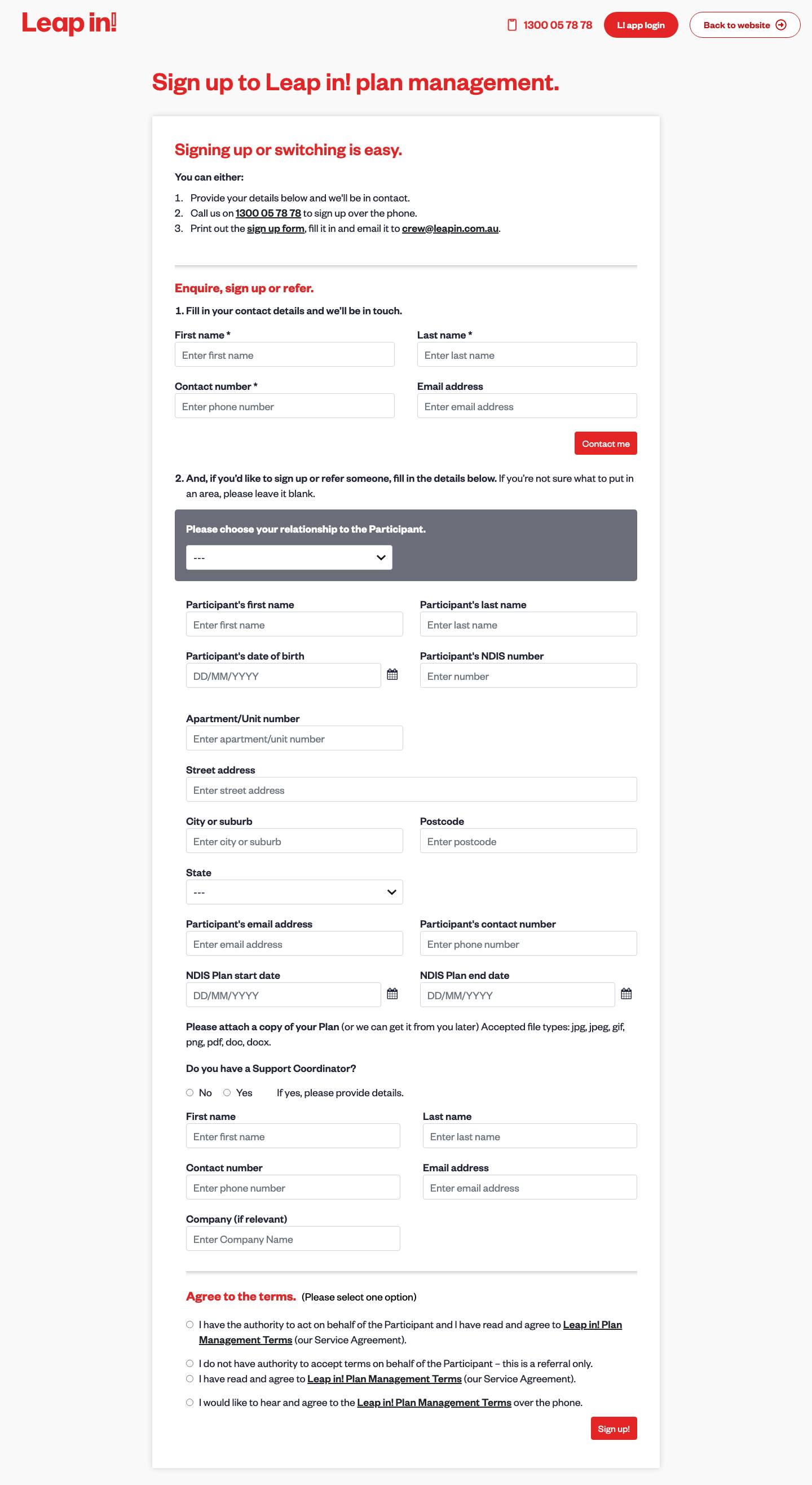 Sign Up For Leap in! NDIS Plan Management - Full Screenshot
