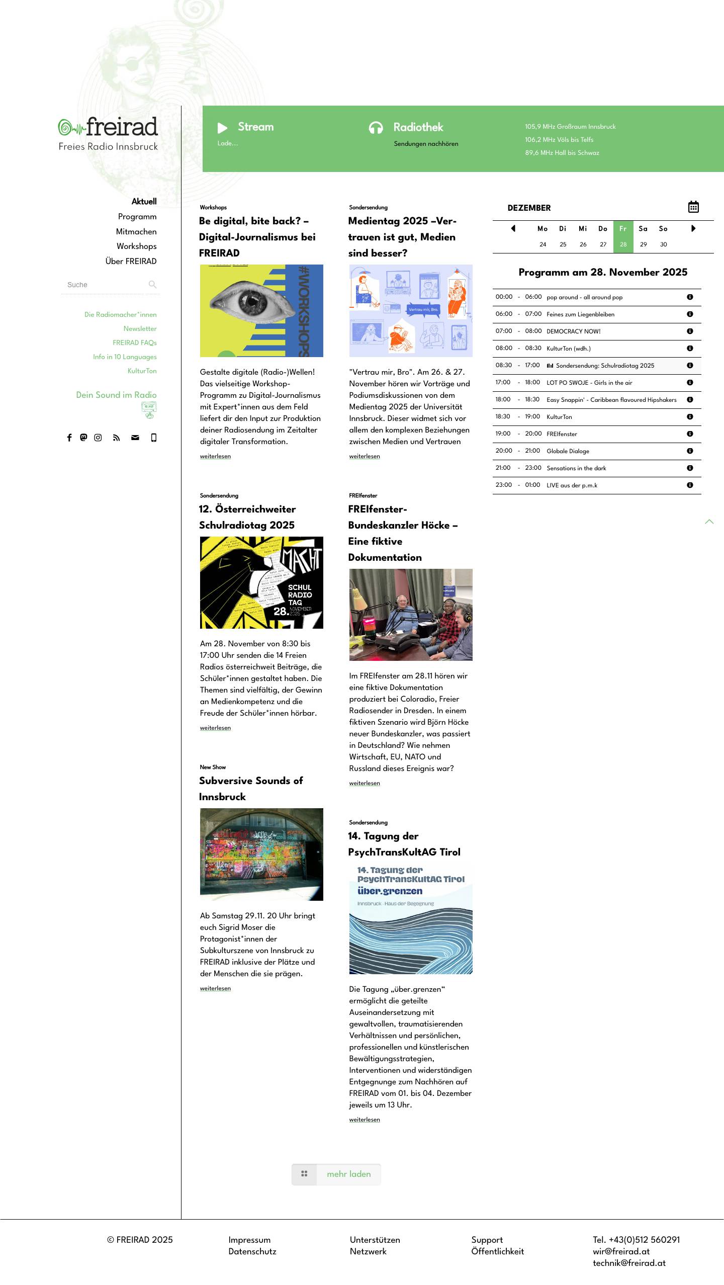 FREIRAD Freies Radio Innsbruck – freirad.at – FREIRAD Tirols einziges und erstes Freies Radio. Website mit dem aktuellen Programm, News, Infos zu Seminaren und einem Live Stream. - Full Screenshot