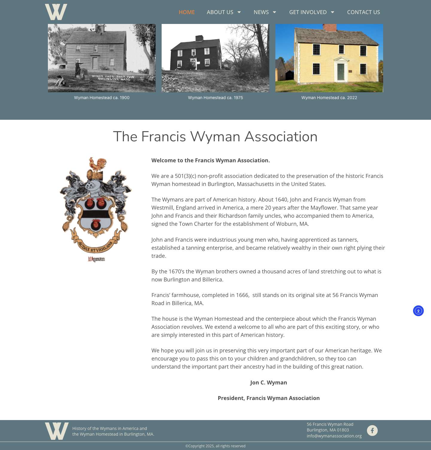 Francis Wyman Association – History and information about the Wyman family and homestead in Burlington, MA, USA - Full Screenshot