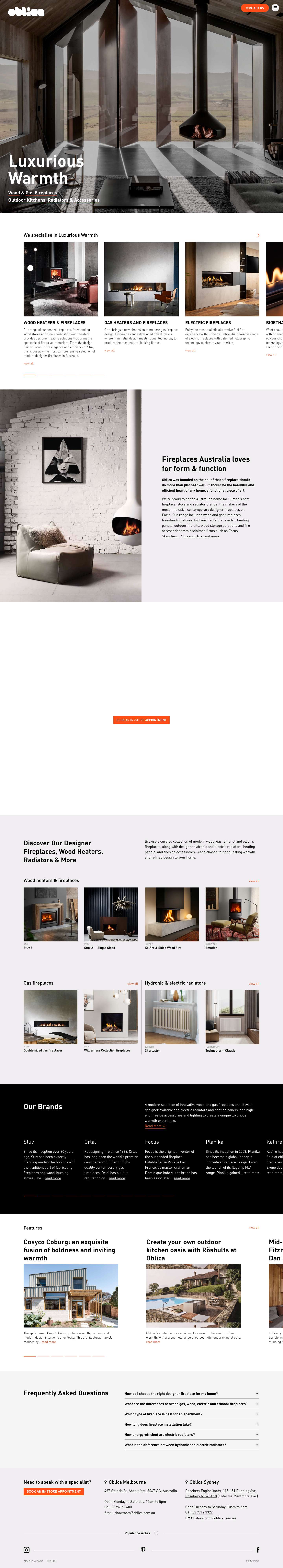 Modern designer fireplaces and wood heaters | Oblica Melbourne - Full Screenshot