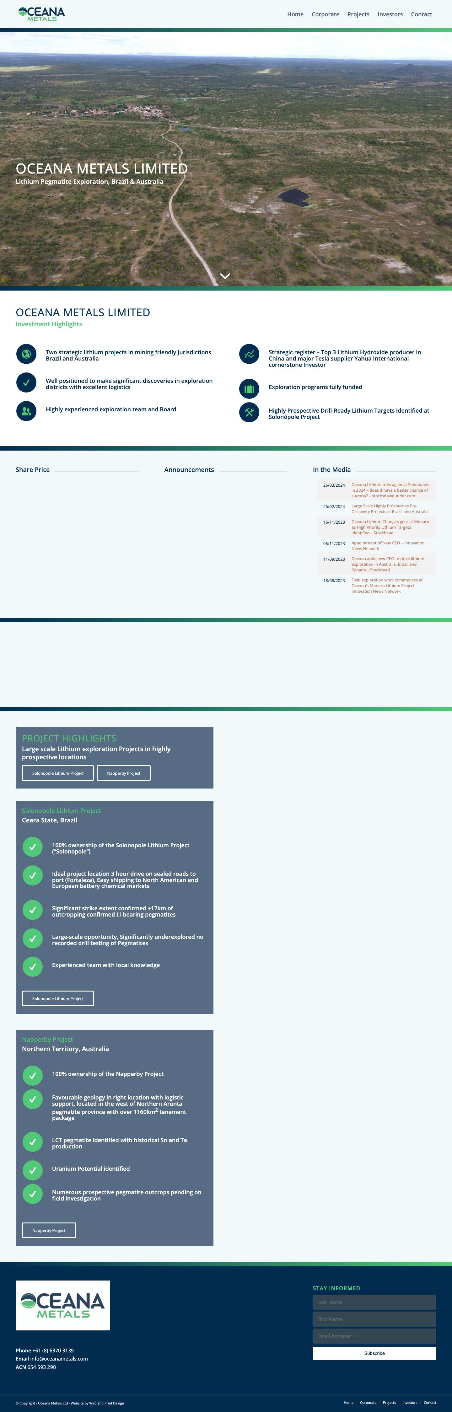 Oceana Metals Ltd – Lithium Pegmatite Exploration Brazil & AustraliaScroll to next sectionScroll to top - Full Screenshot
