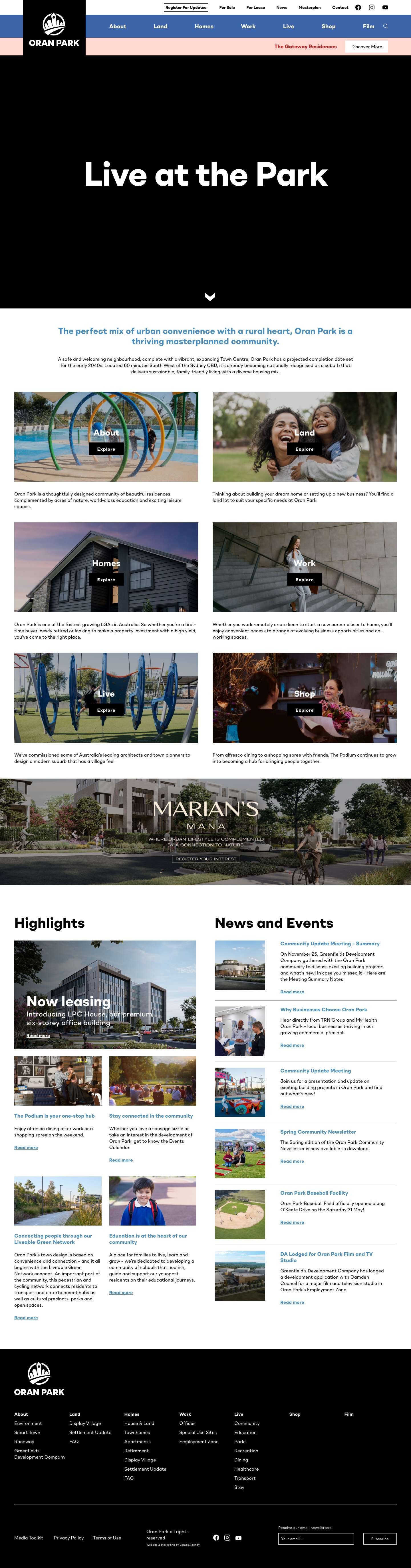 Oran Park | Masterplanned Community | Live | Play | Work | Shop - Full Screenshot