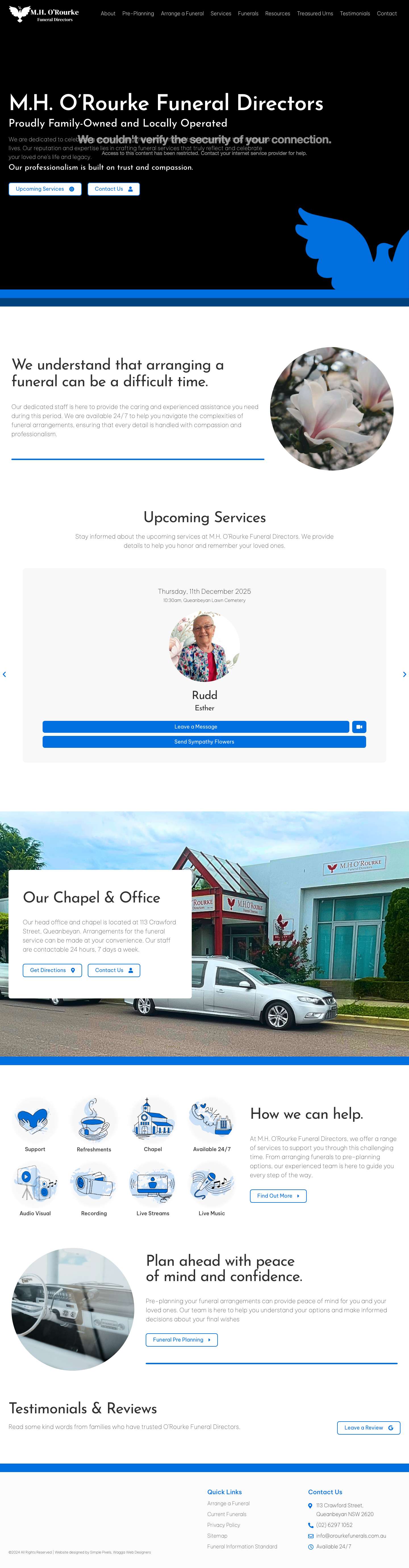 Home | MH O’Rourke Funeral Directors | Queanbeyan - Full Screenshot