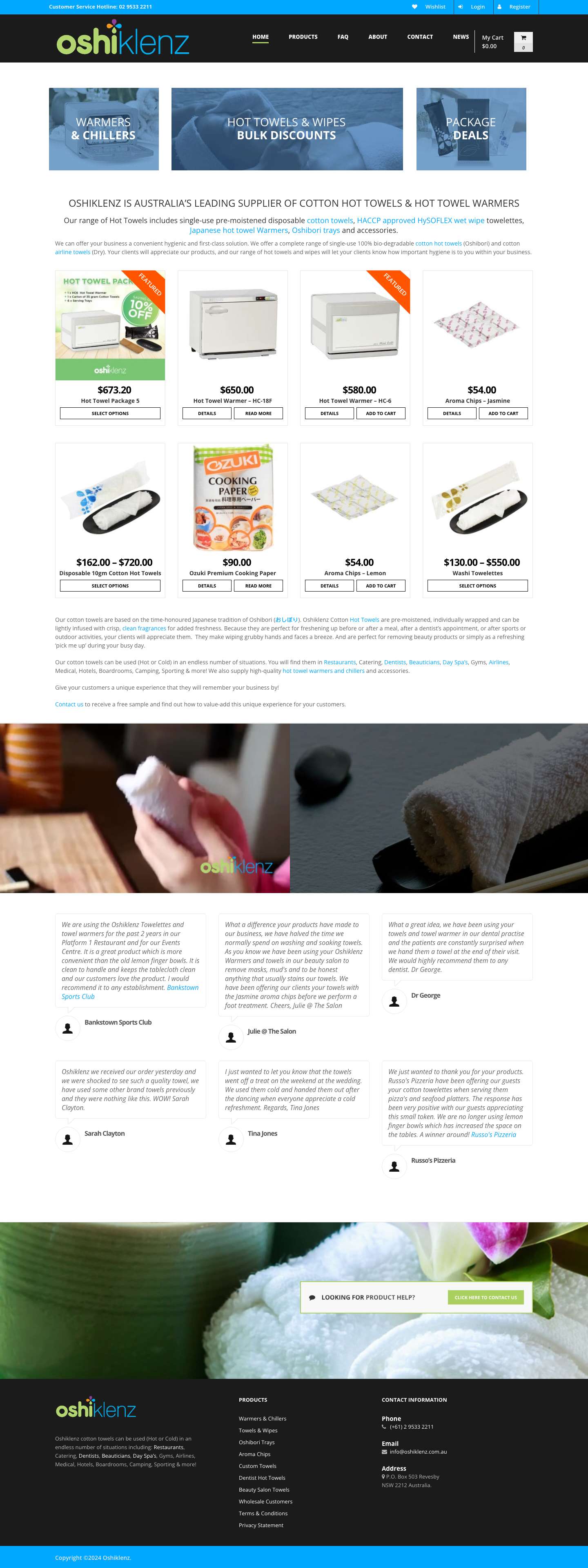 Hot Towels & Warmers - Australia's Leading Supplier- 02 9533 2211Oshiklenz | Australia's leading supplier of hot towels and hot towel warmers and pre-moistened cotton hot towels - Full Screenshot