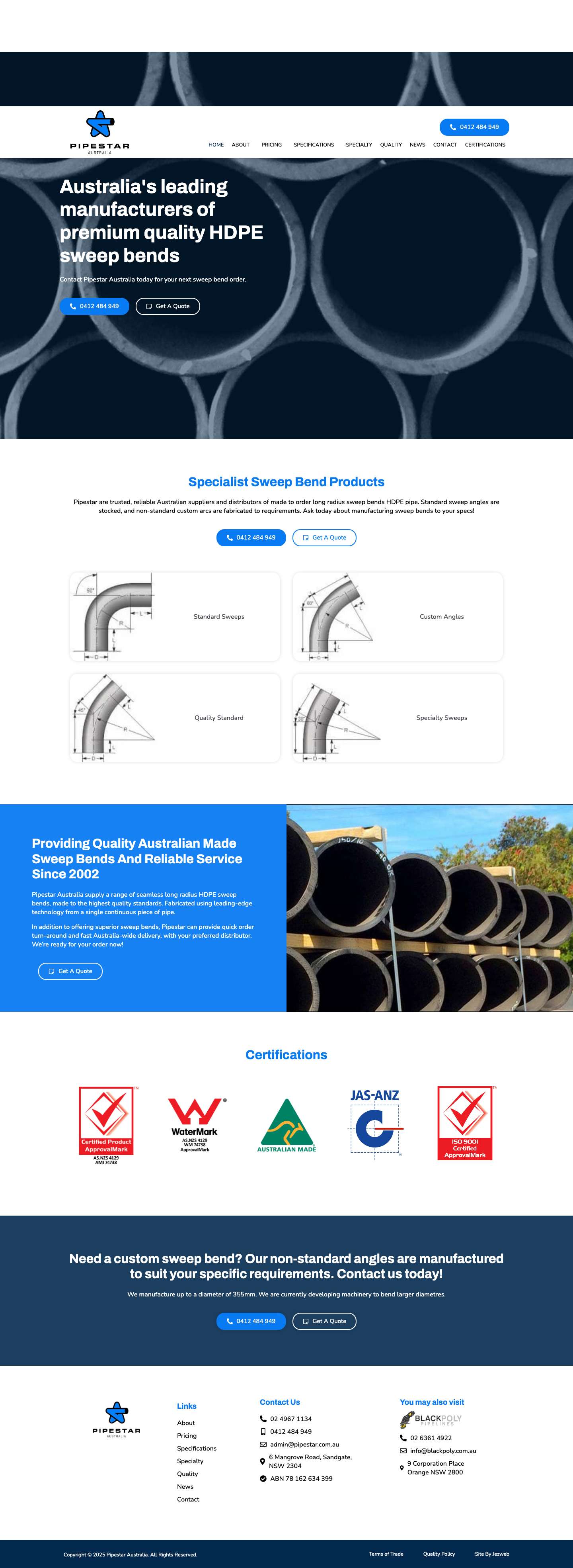 Premium Quality HDPE Sweep Bends » Pipestar - Full Screenshot