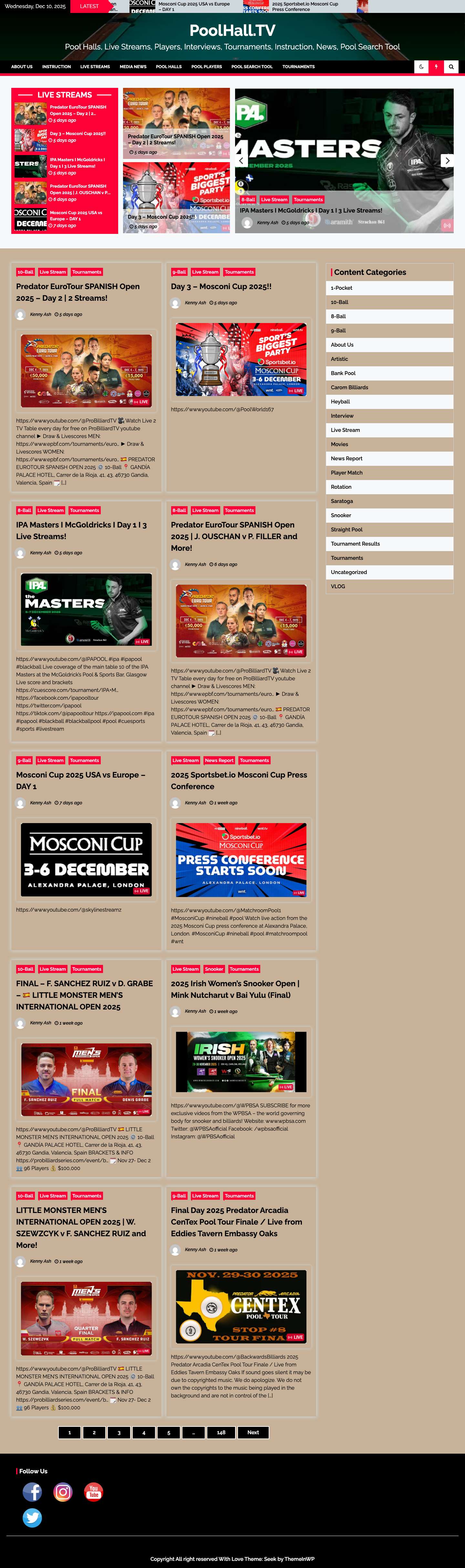 PoolHall.TV – Pool Halls, Live Streams, Players, Interviews, Tournaments, Instruction, News, Pool Search ToolPoolHall.TV - Social Media Icons - Full Screenshot