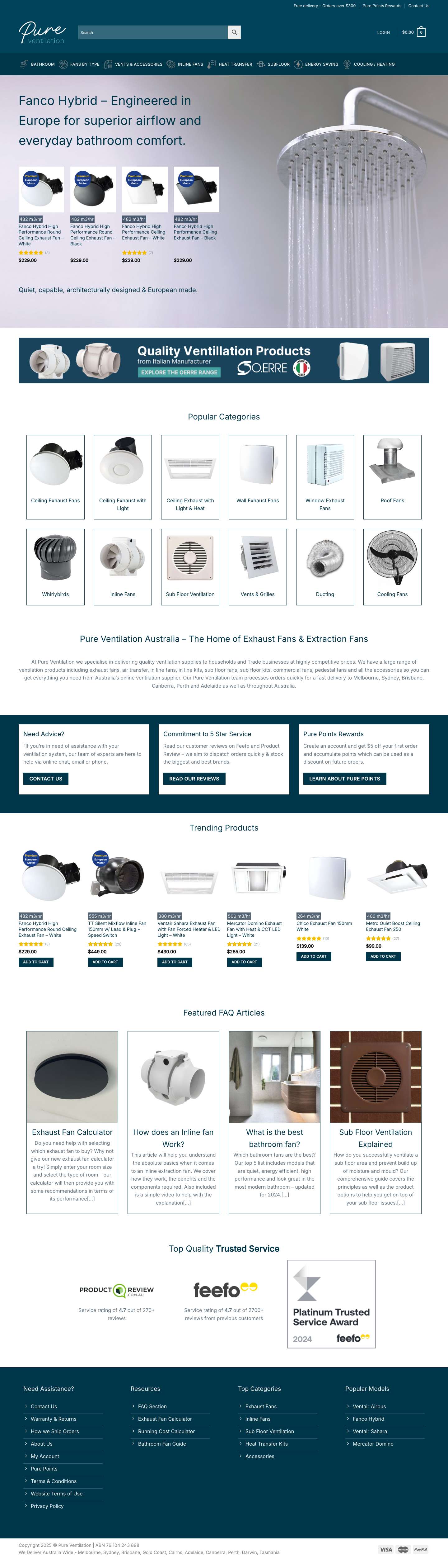 Australia's Leading Supplier of Exhaust Fans | Pure Ventilation - Full Screenshot
