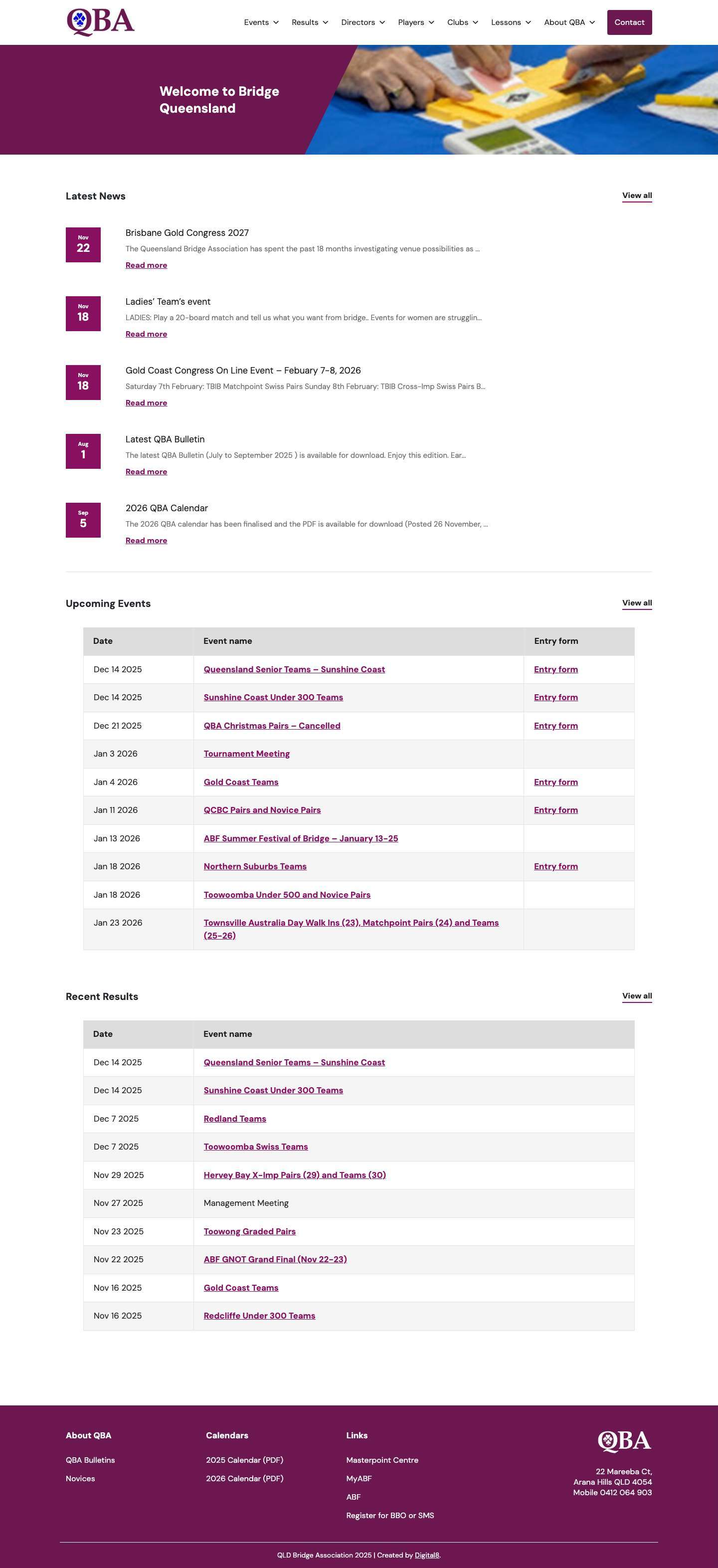 Welcome to Bridge Queensland - Queensland Bridge Association - Full Screenshot