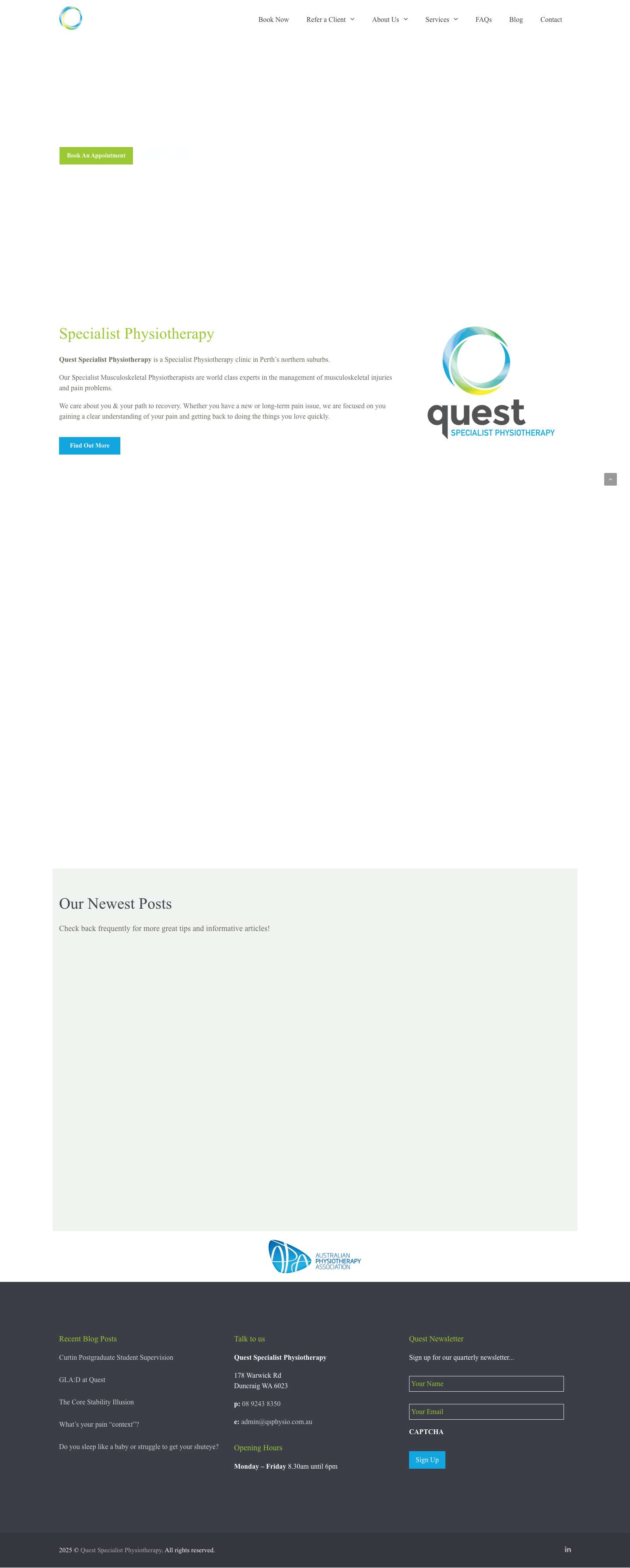 Quest Specialist Physiotherapy, Duncraig, Western Australia – Quest Specialist Physiotherapy are world class experts in the management of pain problems: the only Specialist Physiotherapy clinic in Perth's northern suburbs. - Full Screenshot