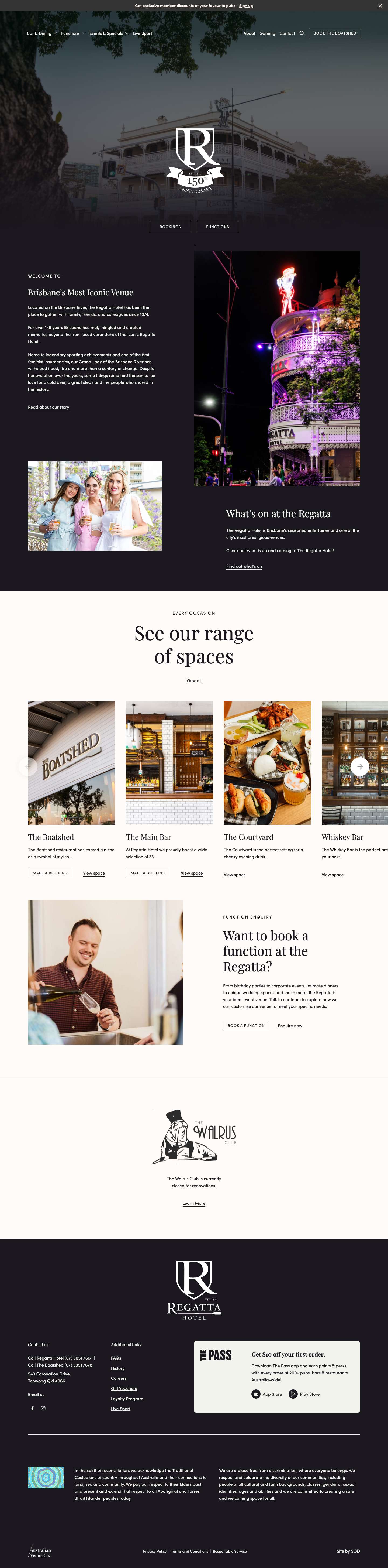 Bar, Restaurant & Function Venue in Brisbane | Regatta Hotelselect-arrowselect-arrowselect-arrow1Asset 1Searchselect-arrowselect-arrowselect-arrow1Asset 1Search1Asset 11Asset 1select-arrowselect-arrowselect-arrow - Full Screenshot