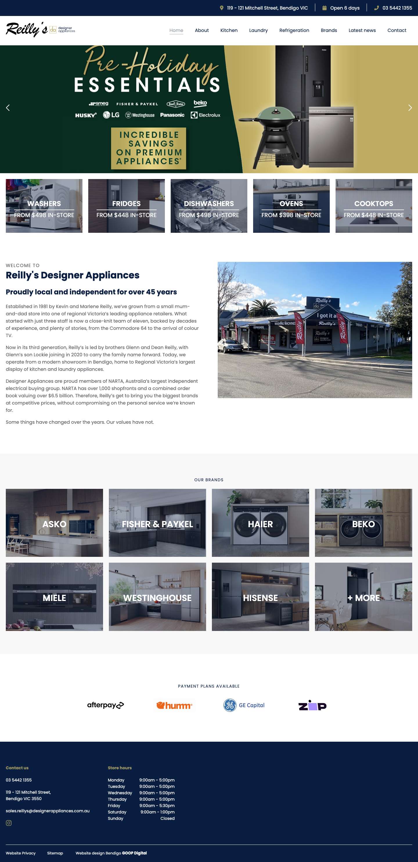 Kitchen & laundry appliances in Bendigo | Reilly's Designer Appliances - Full Screenshot