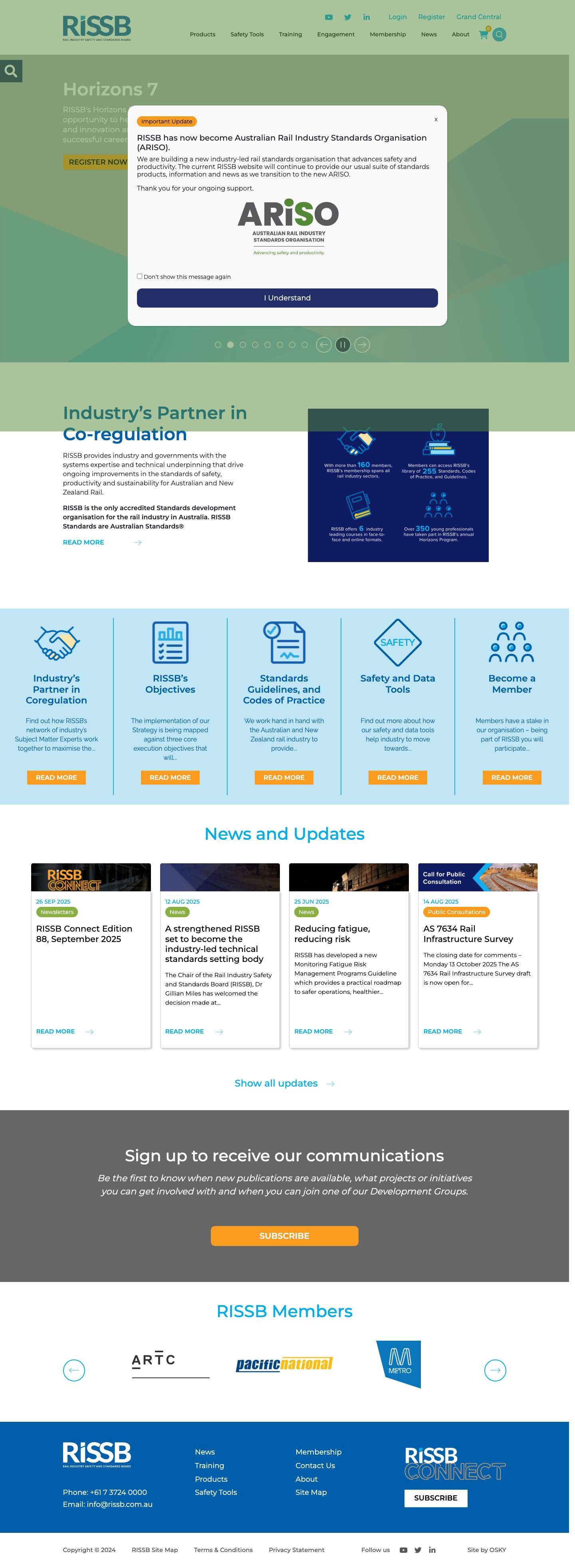 Rail Industry Safety and Standards Board | Under Australia’s co-regulatory model RISSB supports the rail industry by coordinating the development of Australian Standards, Codes of Practice, Guidelines and Rules. - Full Screenshot