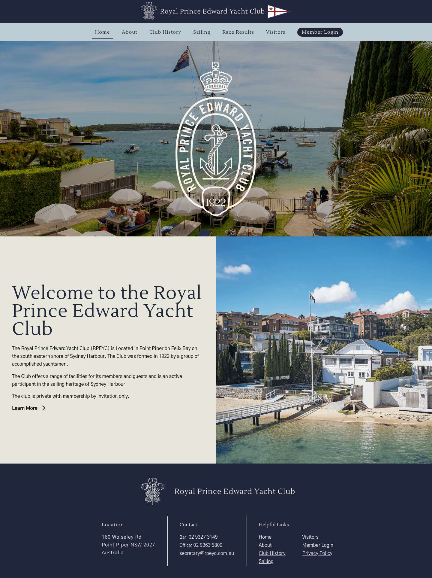 Home | Royal Prince Edward Yacht Club | Point Piper Sydney - Full Screenshot