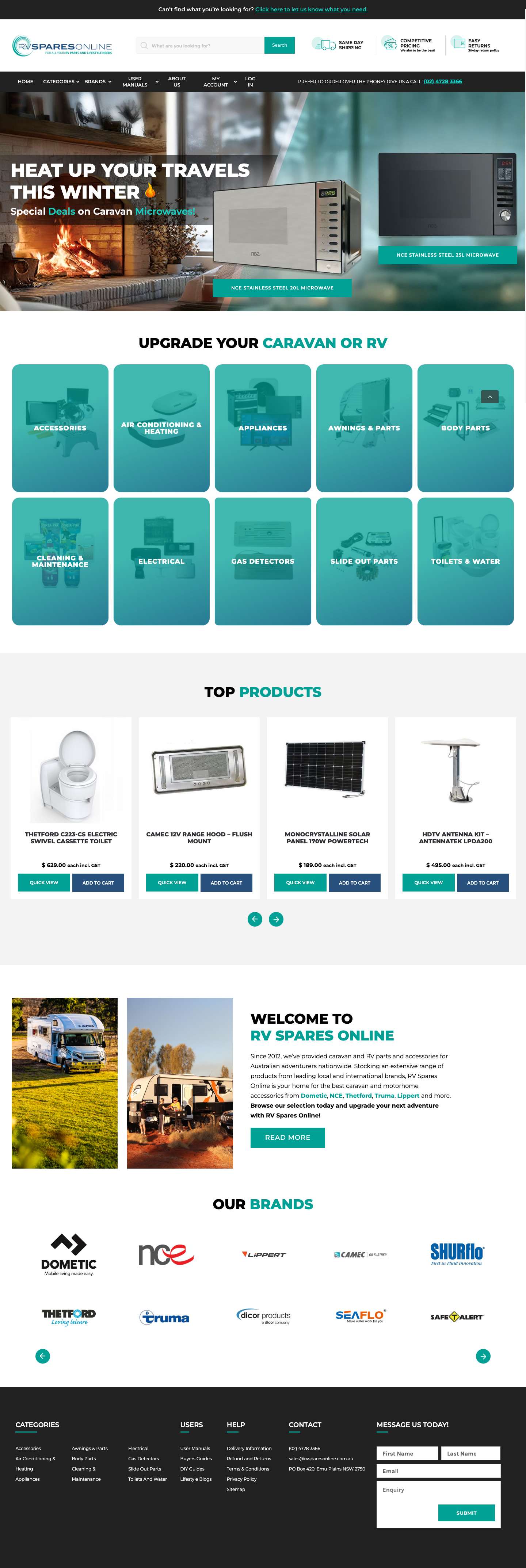 RV Spares Online - RV Parts and Accessories - Full Screenshot