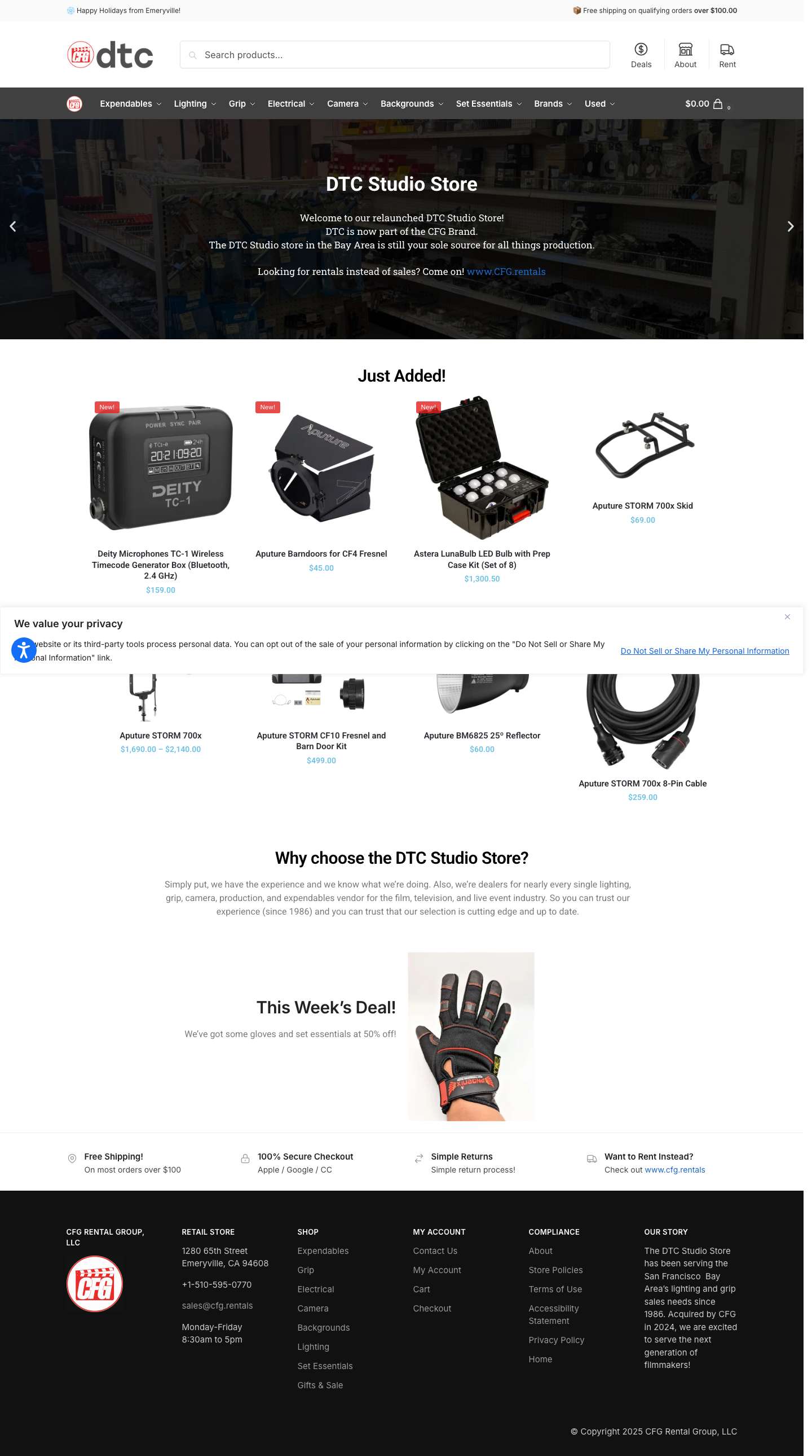 Your #1 Source for Lighting, Grip & Production Gear Since 1986 | DTC Studio Store - Full Screenshot