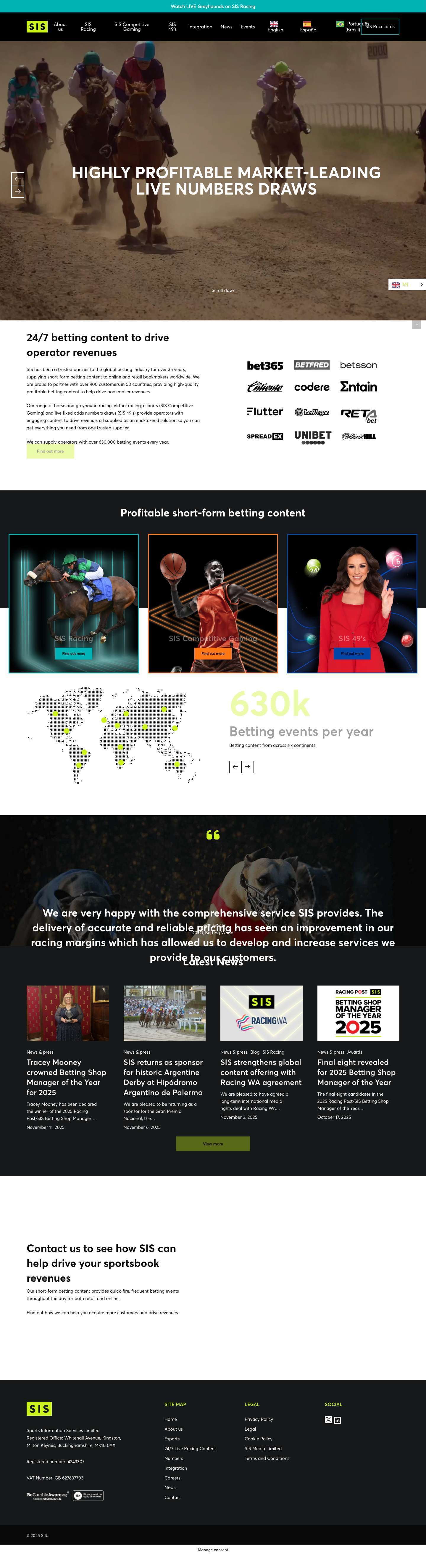 24/7 Live Betting Content | Global Supplier for Operators | SIS - Full Screenshot