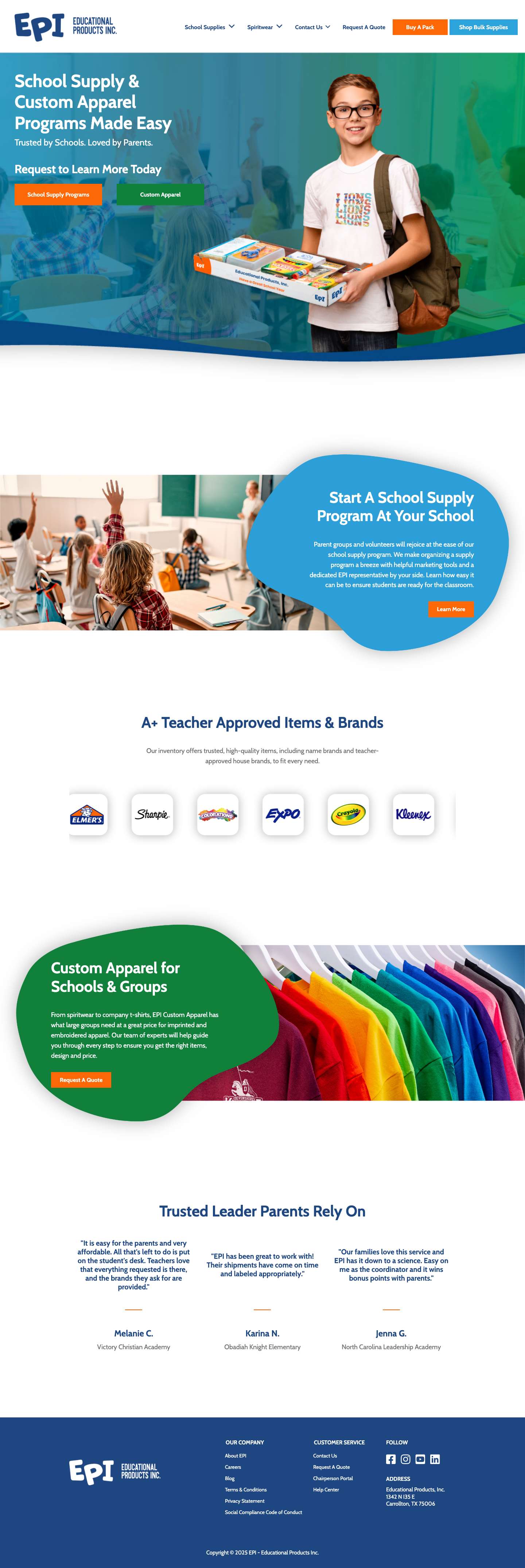 Educational Products Inc. - EPI - School Supplies & Custom Apparel - Full Screenshot