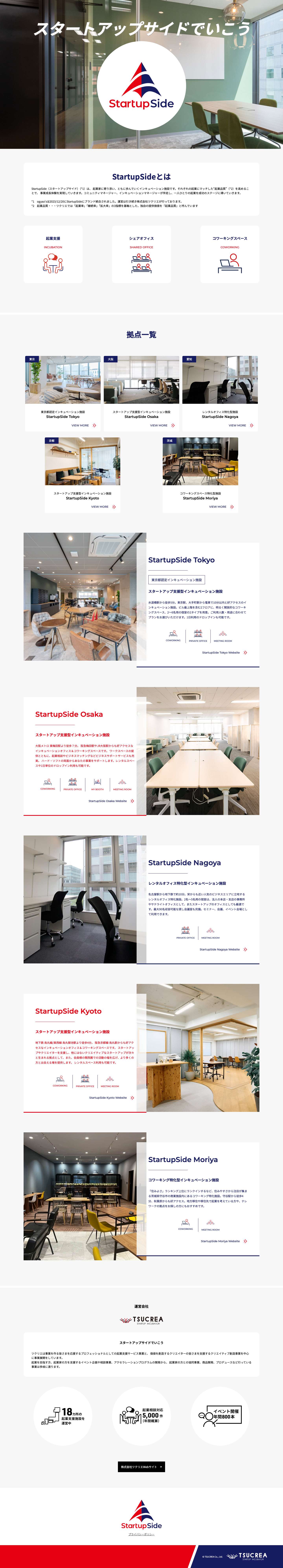 StartupSide｜起業家に寄り添い、ともに歩んでいくインキュベーション施設 コワーキング／レンタルオフィス／オンラインブース／起業支援 - Full Screenshot