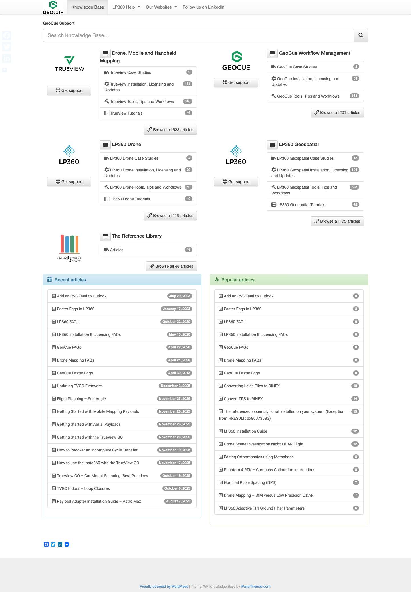 GeoCue Support Knowledge Base - Full Screenshot