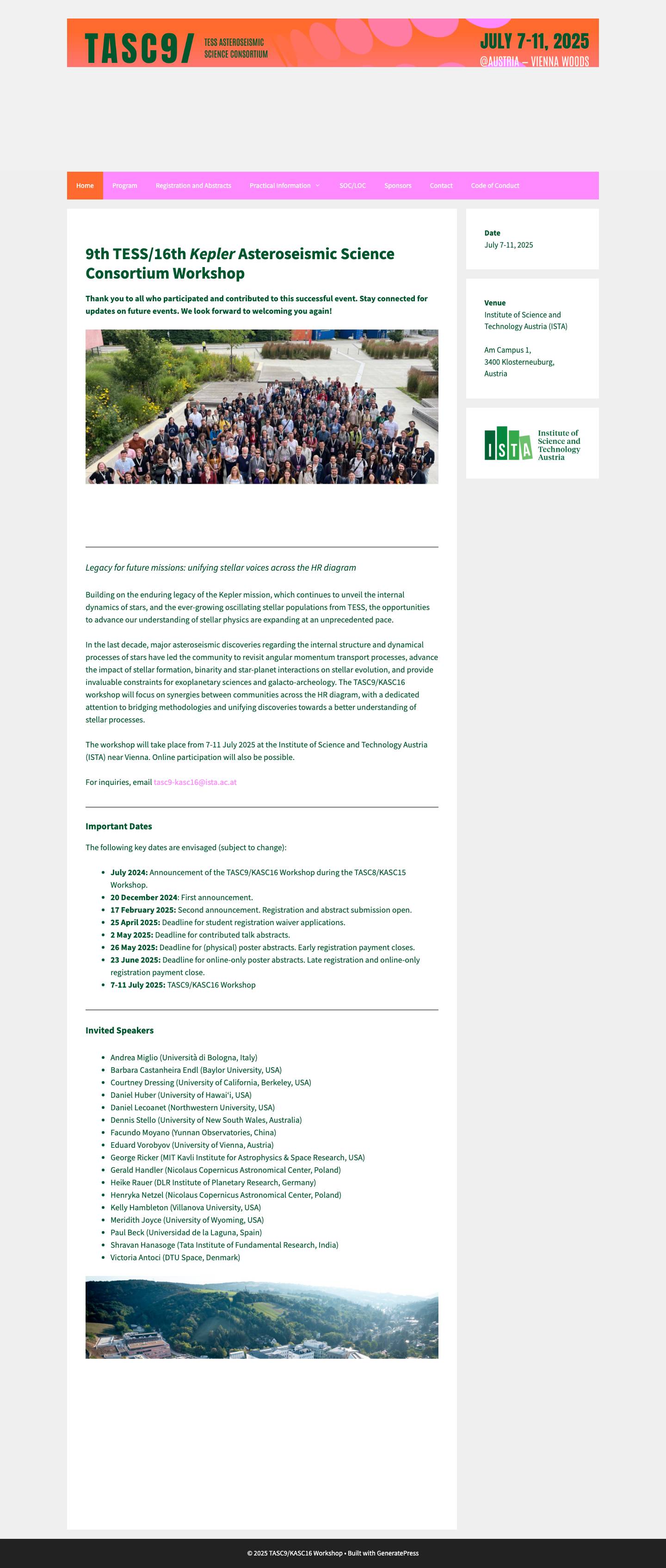 TASC9/KASC16 Workshop – 9th TESS /16th Kepler Asteroseismic Science Consortium Workshop - Full Screenshot