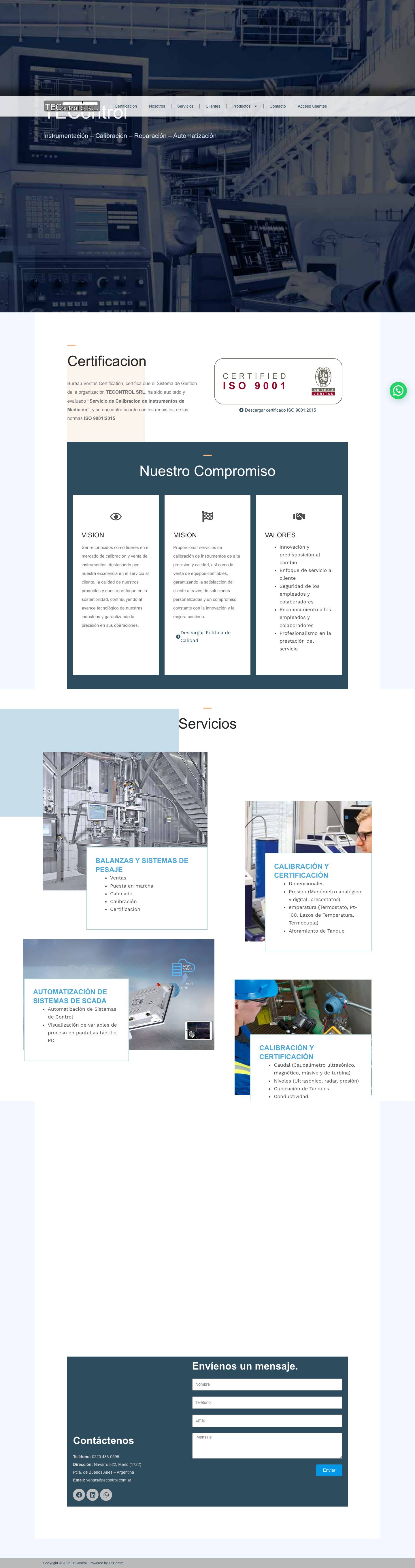 TEControl – Nuestro objetivo es ser la mejor y más respetada Empresa de servicios y calibración de instrumentos en la Argentina. TEControl · Servicios · Productos - Full Screenshot