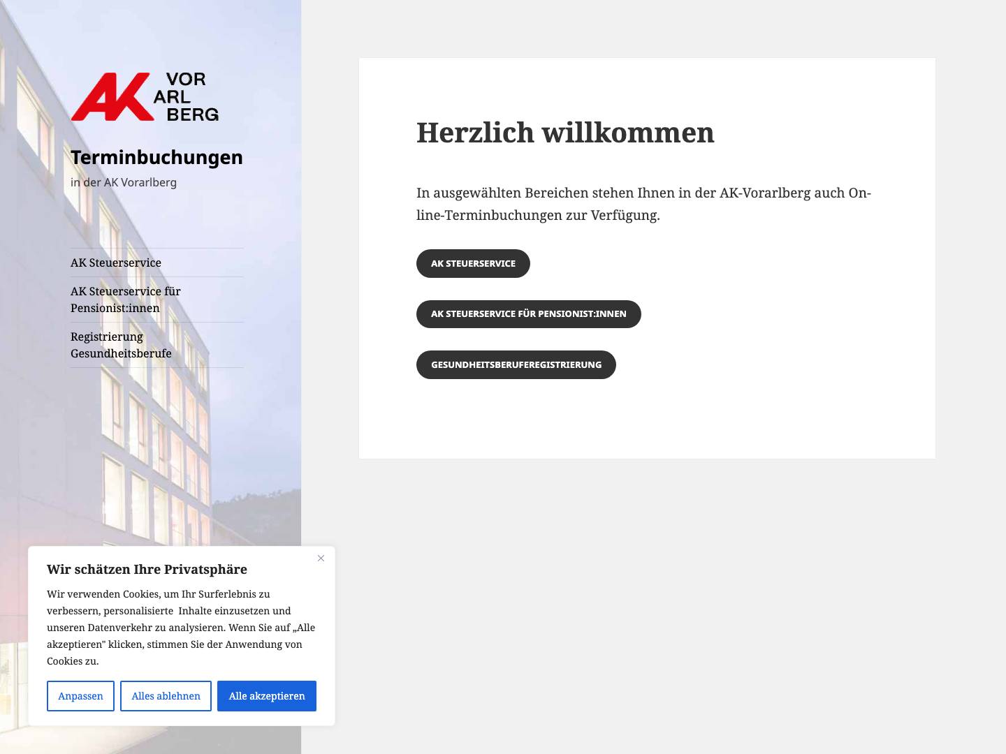 Terminbuchungen – in der AK Vorarlberg - Full Screenshot