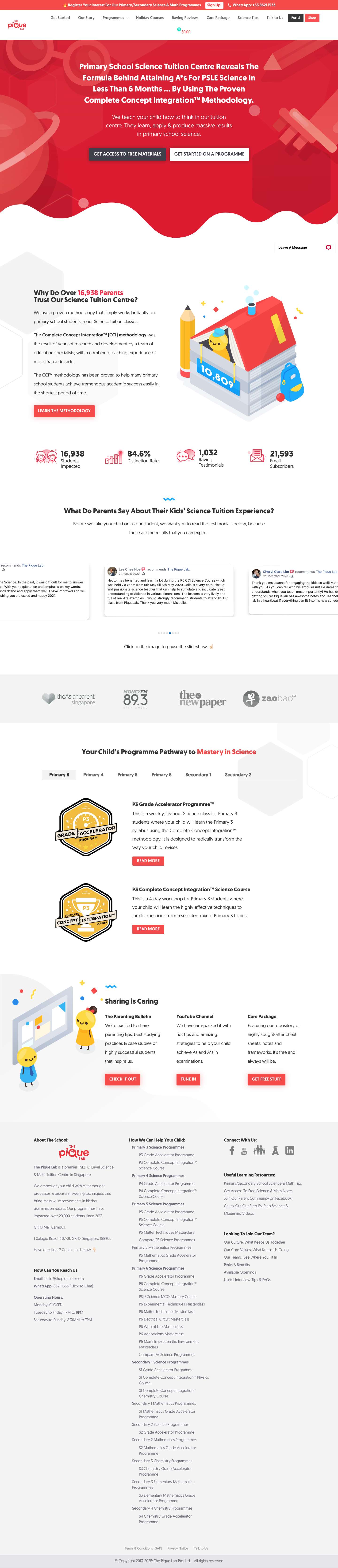 The Pique Lab | PSLE, O Level Science & Math Tuition Centre - Full Screenshot