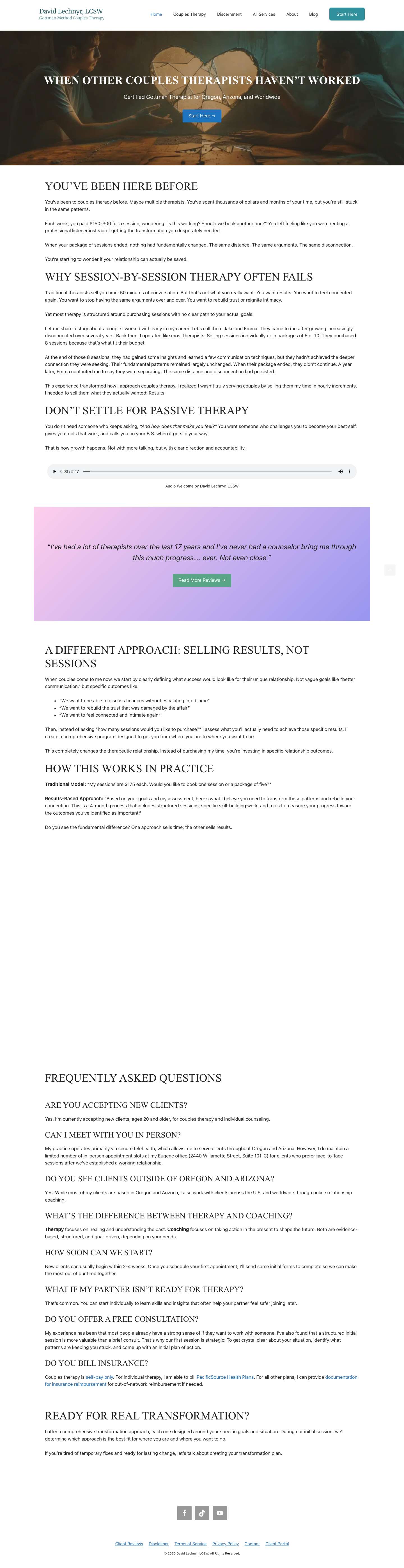 David Lechnyr, LCSW: Gottman Couples Therapy in Oregon & ArizonaFacebookTikTokYouTube - Full Screenshot