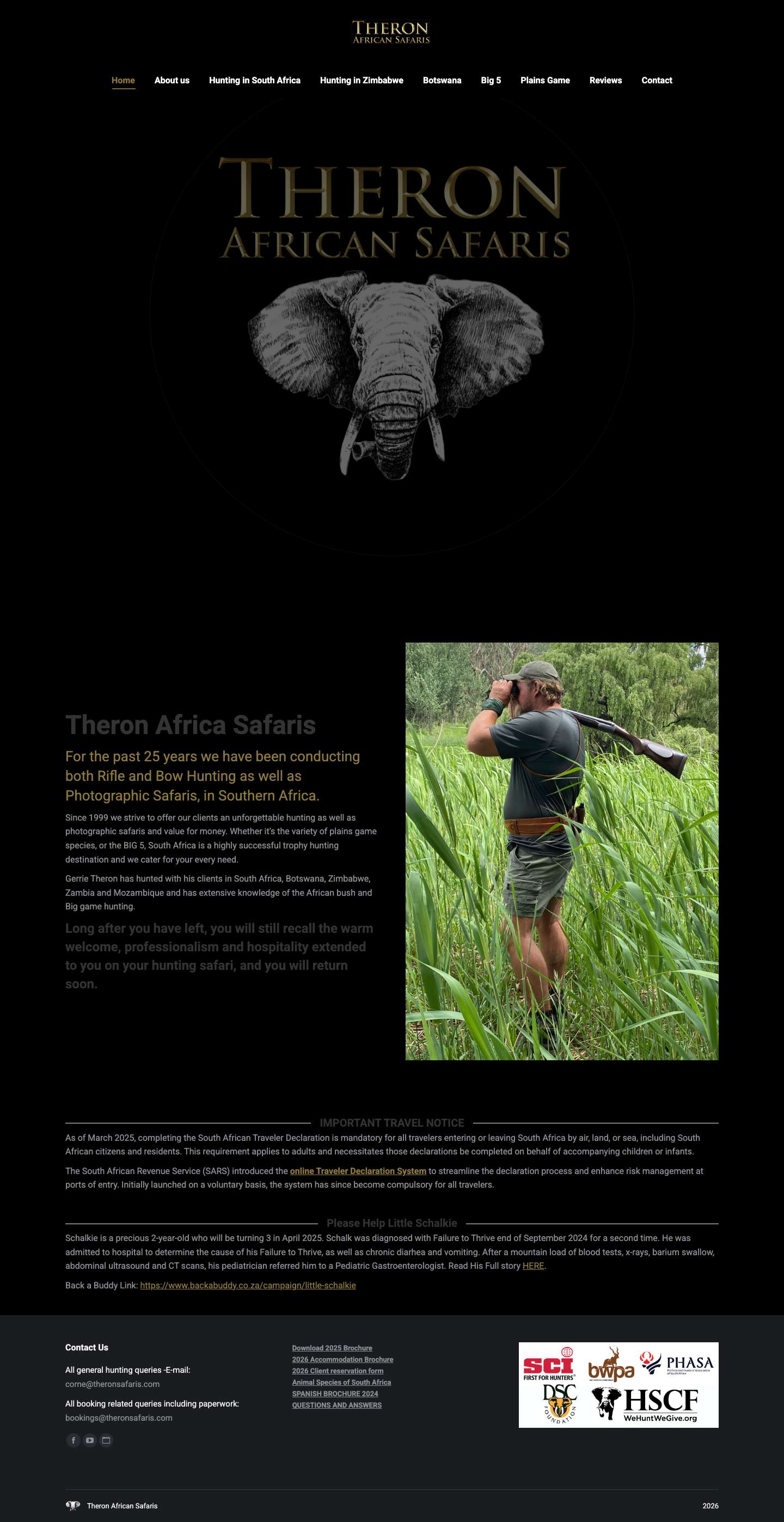 THERON AFRICA SAFARIS Pty Ltd. SINCE 1999 – Since 1999 we strive to offer our clients an unforgettable hunting as well as photographic safaris and value for money. - Full Screenshot