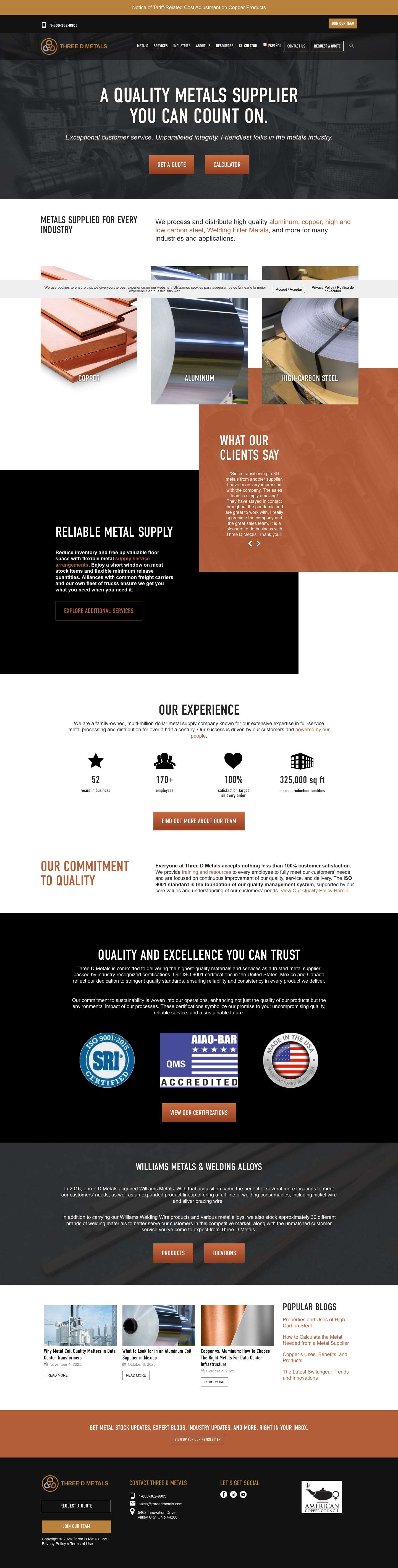 Three D Metals - Full-Service Metal Supplier, Huge In-Stock Supply - Full Screenshot