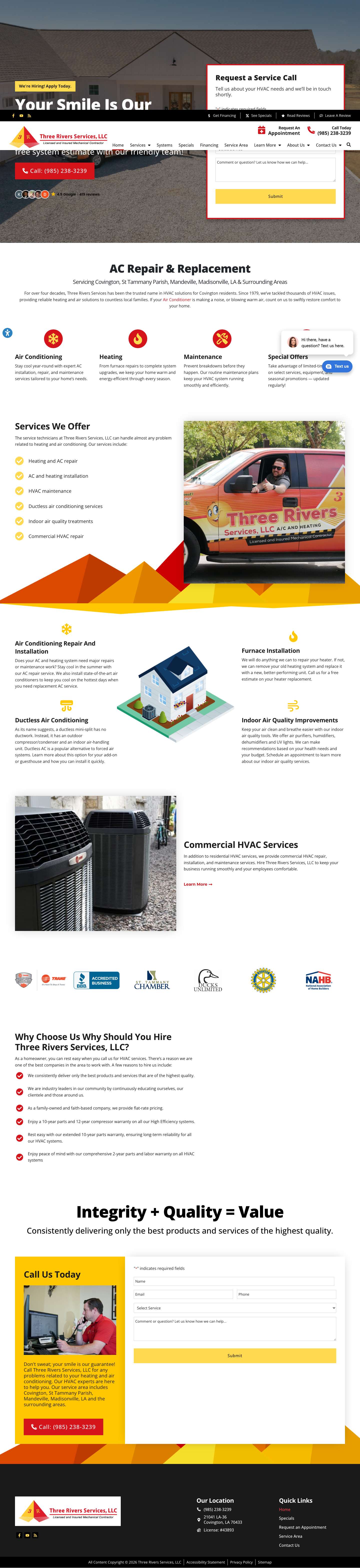 AC Repair & Replacement | Covington, LA | Three Rivers Services, LLC - Full Screenshot