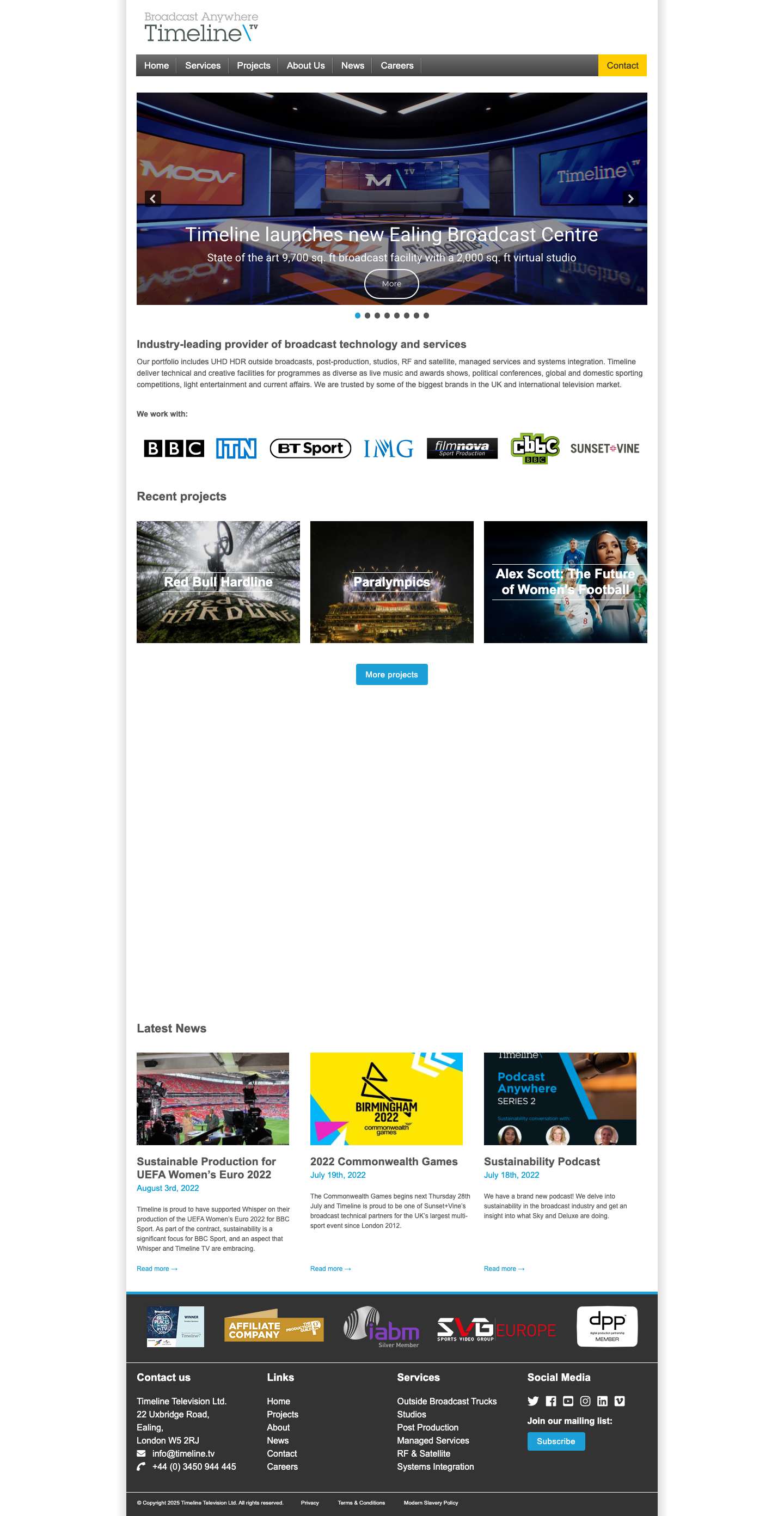 Timeline Television Ltd. - Industry leading provider of broadcast technology services. We provide remote production, outside broadcasts, post-production, TV studios, RF and satellite, managed services and systems integration. - Full Screenshot