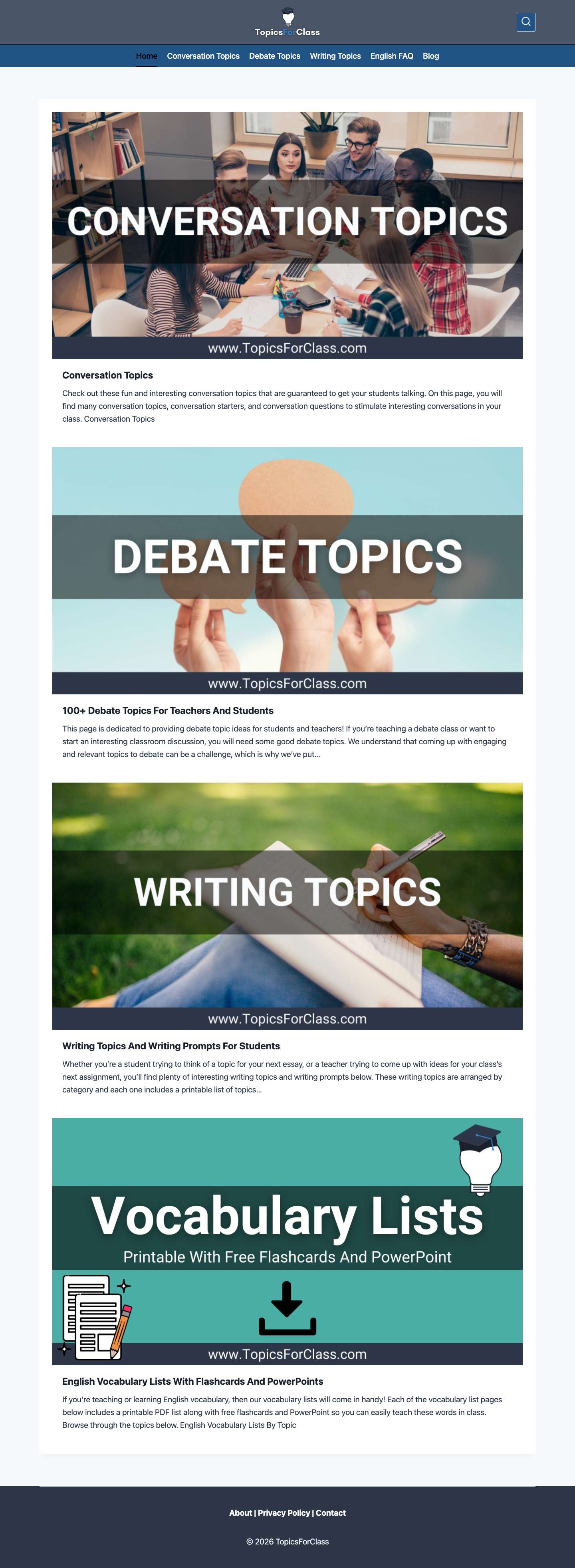 TopicsForClass | Topics, Ideas, and Resources For Teachers - TopicsForClassSearchToggle MenuToggle Menu CloseSearch - Full Screenshot