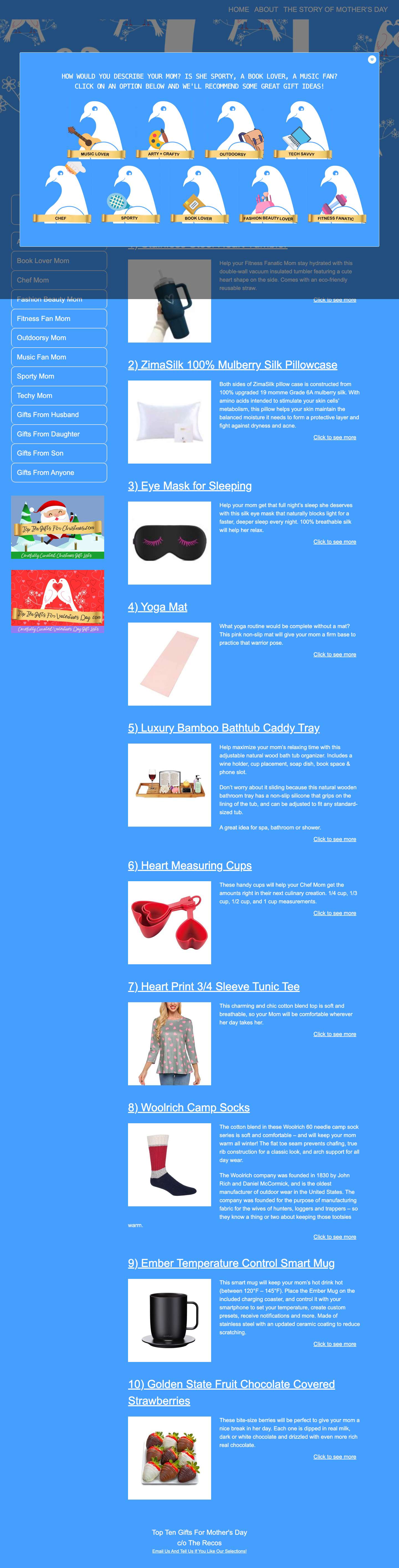 Top Ten Gifts For Mother's Day | Gift Lists Tailored By Personality - Full Screenshot